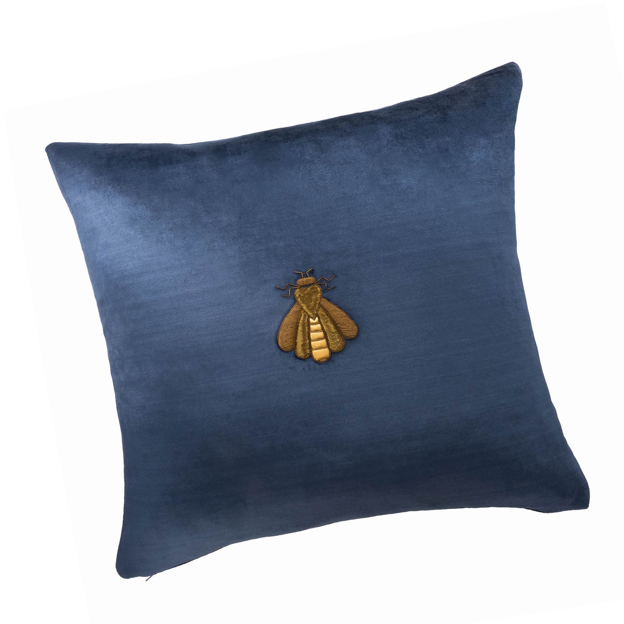 Luxury silk velvet throw pillow in deep navy with elegant bee embroidery centerpiece is perfect for living room or bedroom