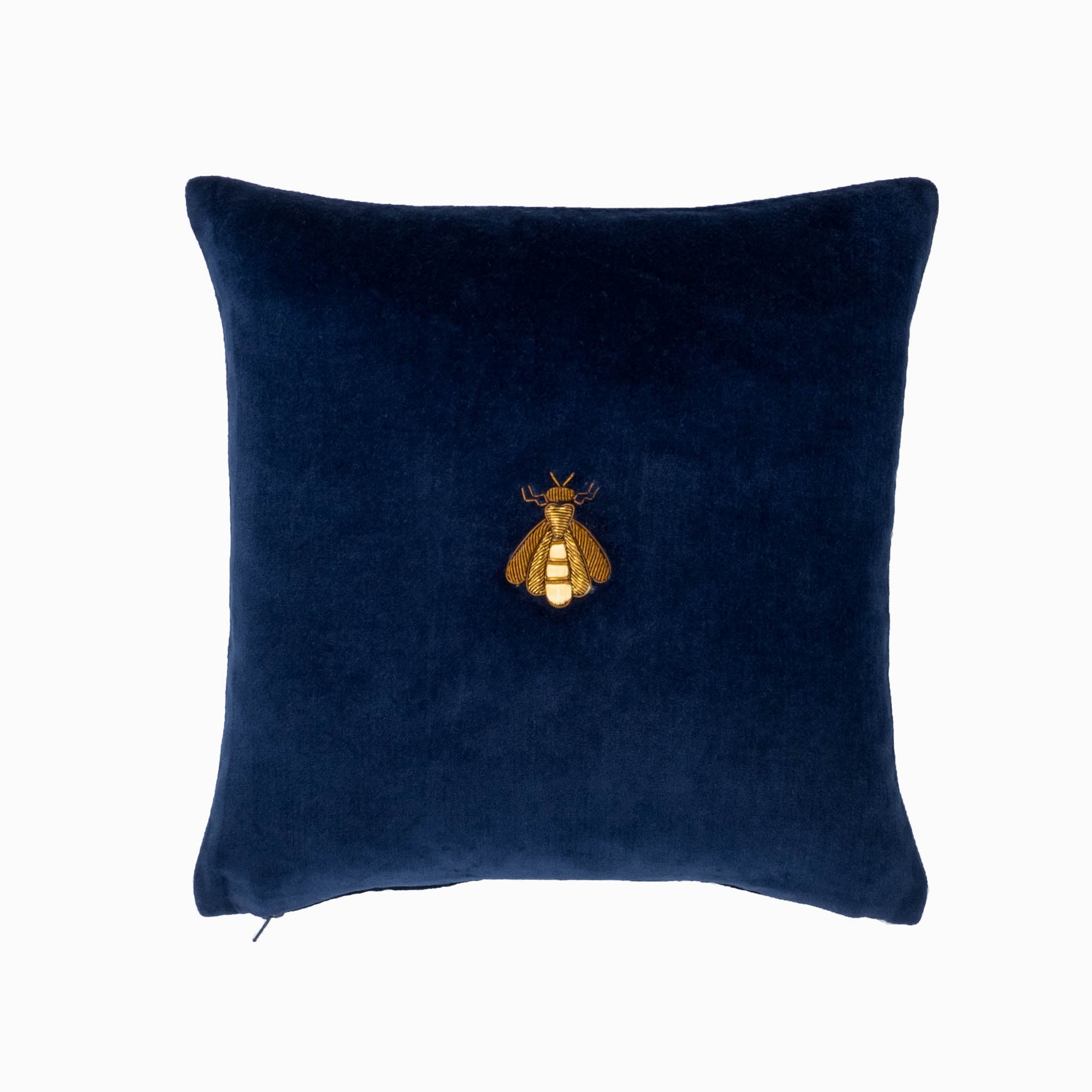 Chouchou Touch 12" x 12" Navy Silk Velvet Pillow Cover with golden metal bee embroidery, designed to enhance your sofa or couch.