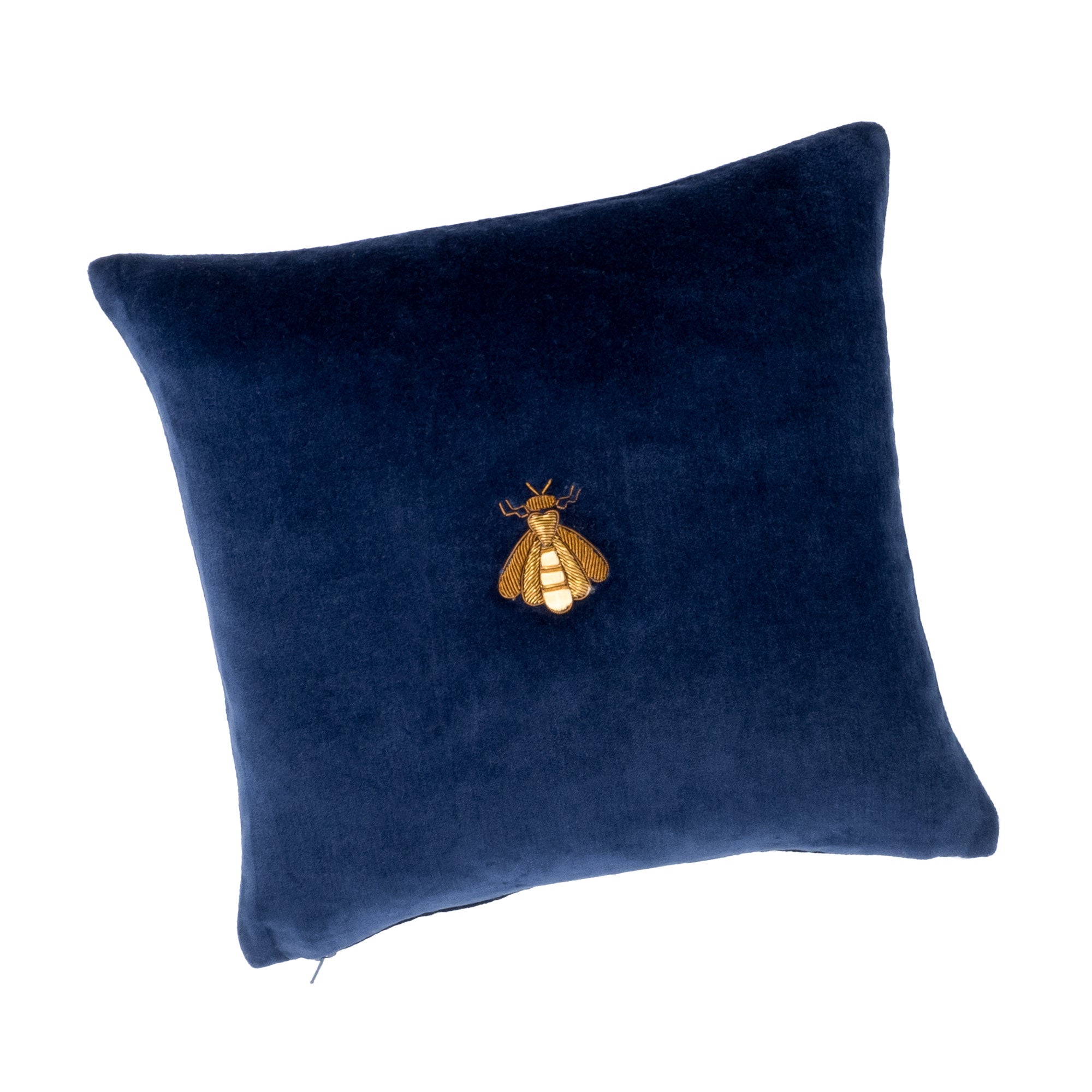 Luxurious Navy Bee Silk Velvet Throw Pillow Cover, 12" x 12", featuring golden metal thread embroidery for an elegant and timeless decor piece.