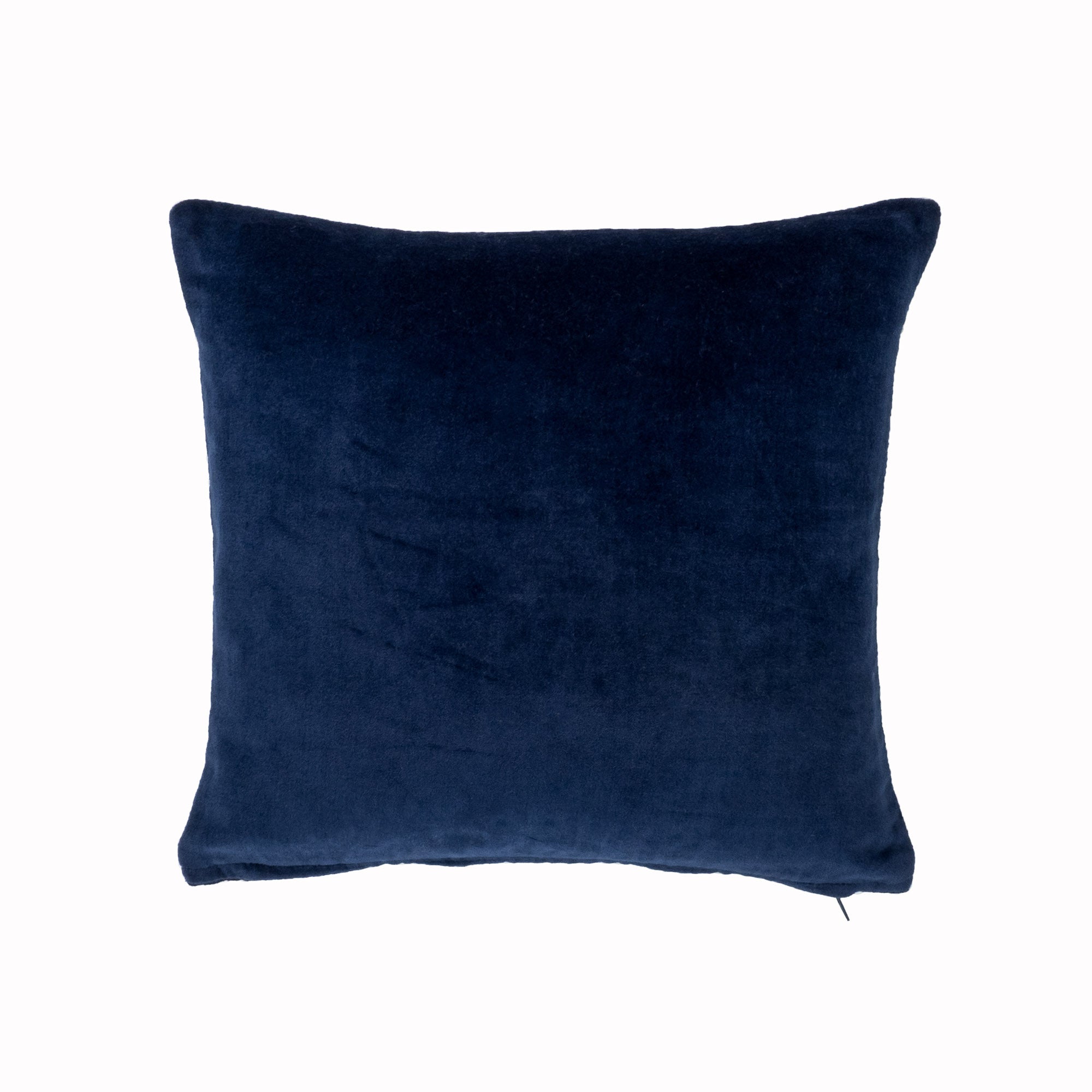 navy blue silk velvet pillow cover back side on a clean white background, solid color luxury decorative cushion with soft texture