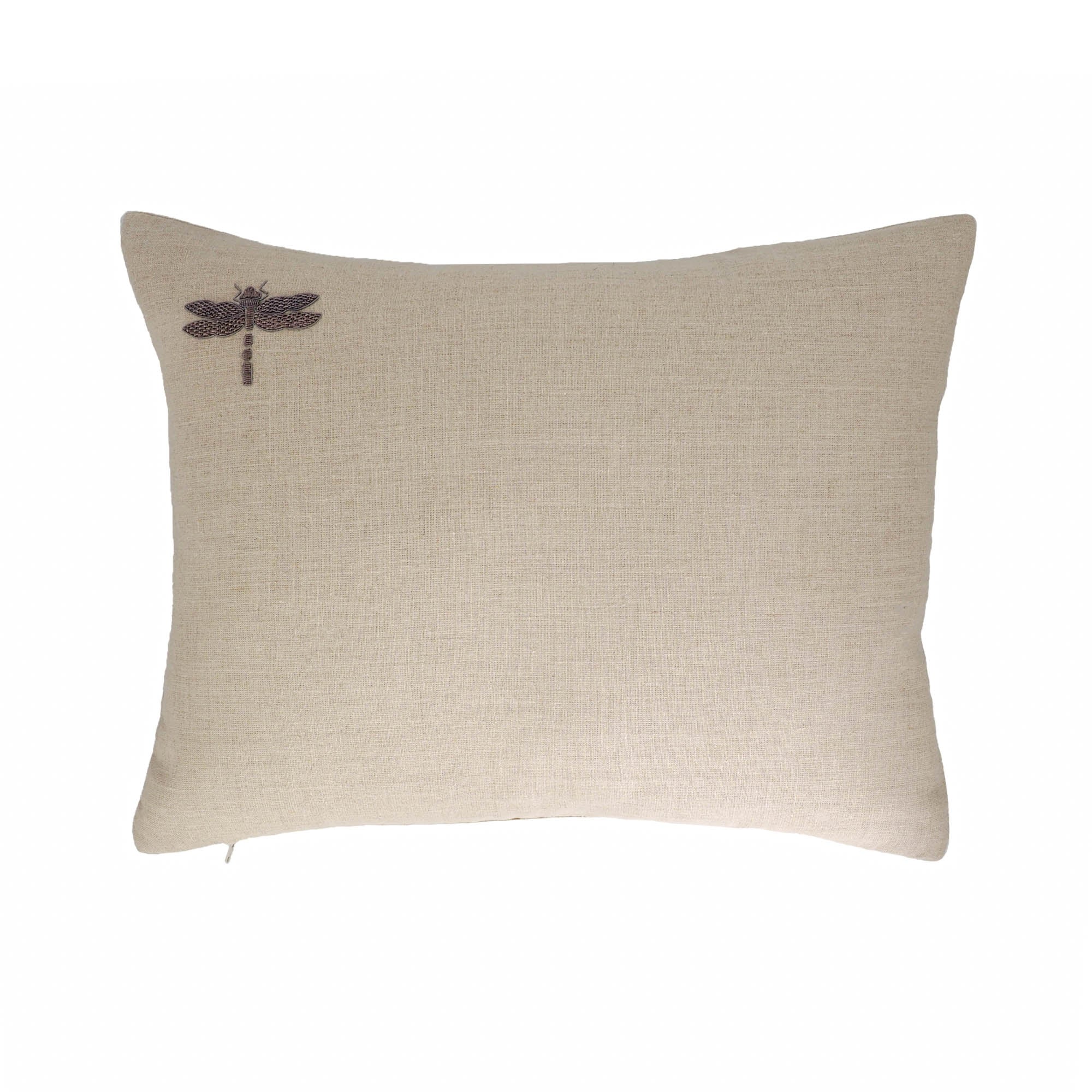 Rectangular beige linen pillow cover with hand-embroidered silver dragonfly motif by Chouchou Touch.
