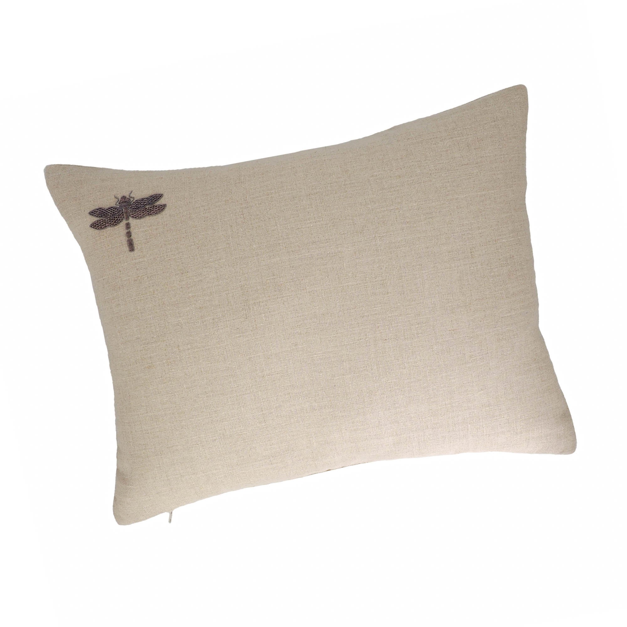 Minimalist linen throw pillow featuring a delicately embroidered dragonfly in silver metal thread.