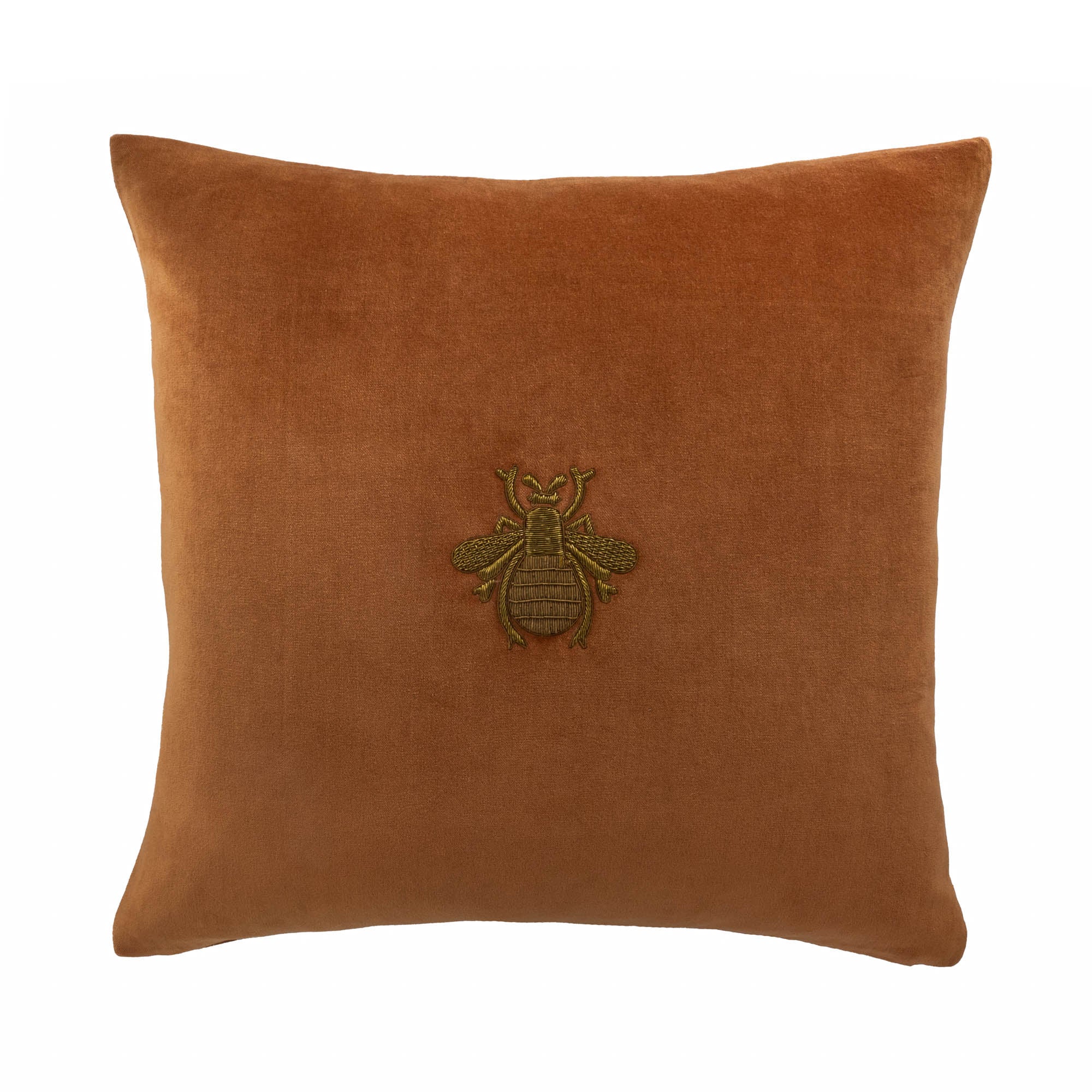 Orange Bee Silk Velvet Throw Pillow with golden metal embroidered bee motif, 20x20 inches.