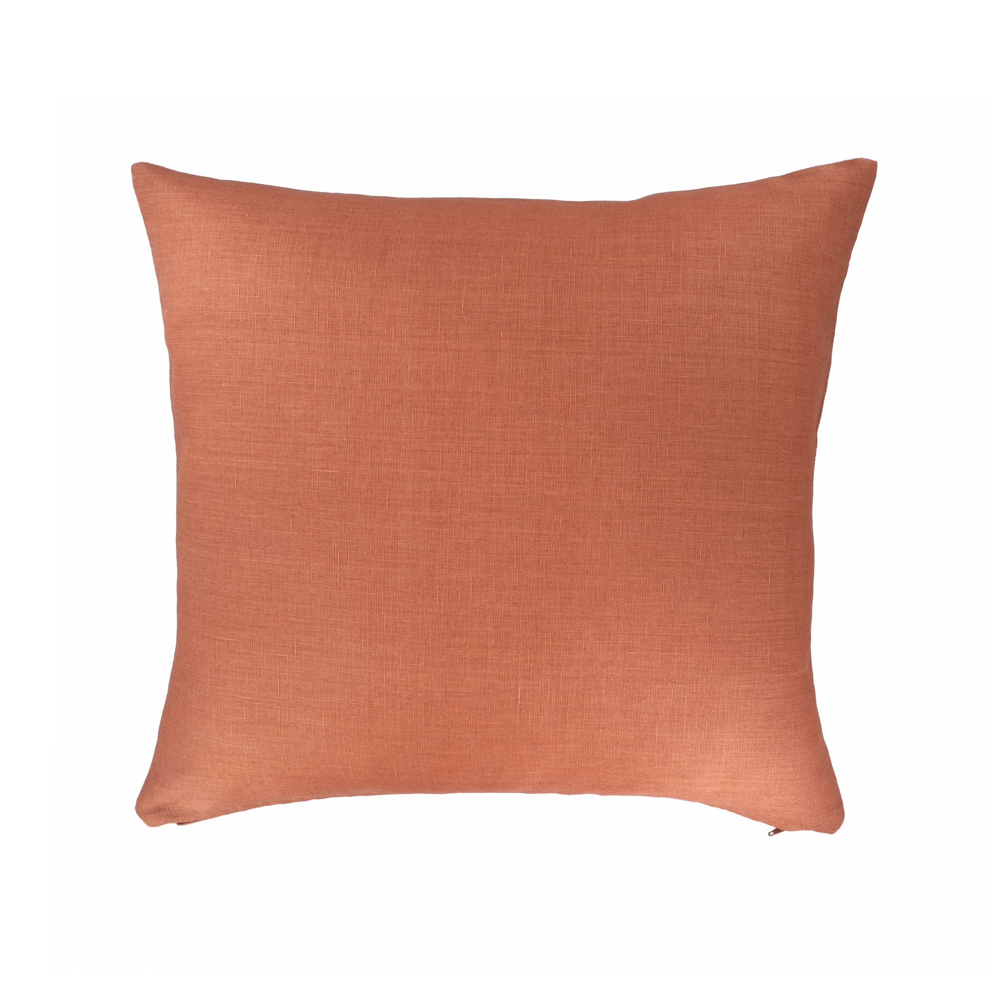 Back view of orange linen pillow with natural embroidery from the Palazzo Collection by ChouChou Touch on a white background