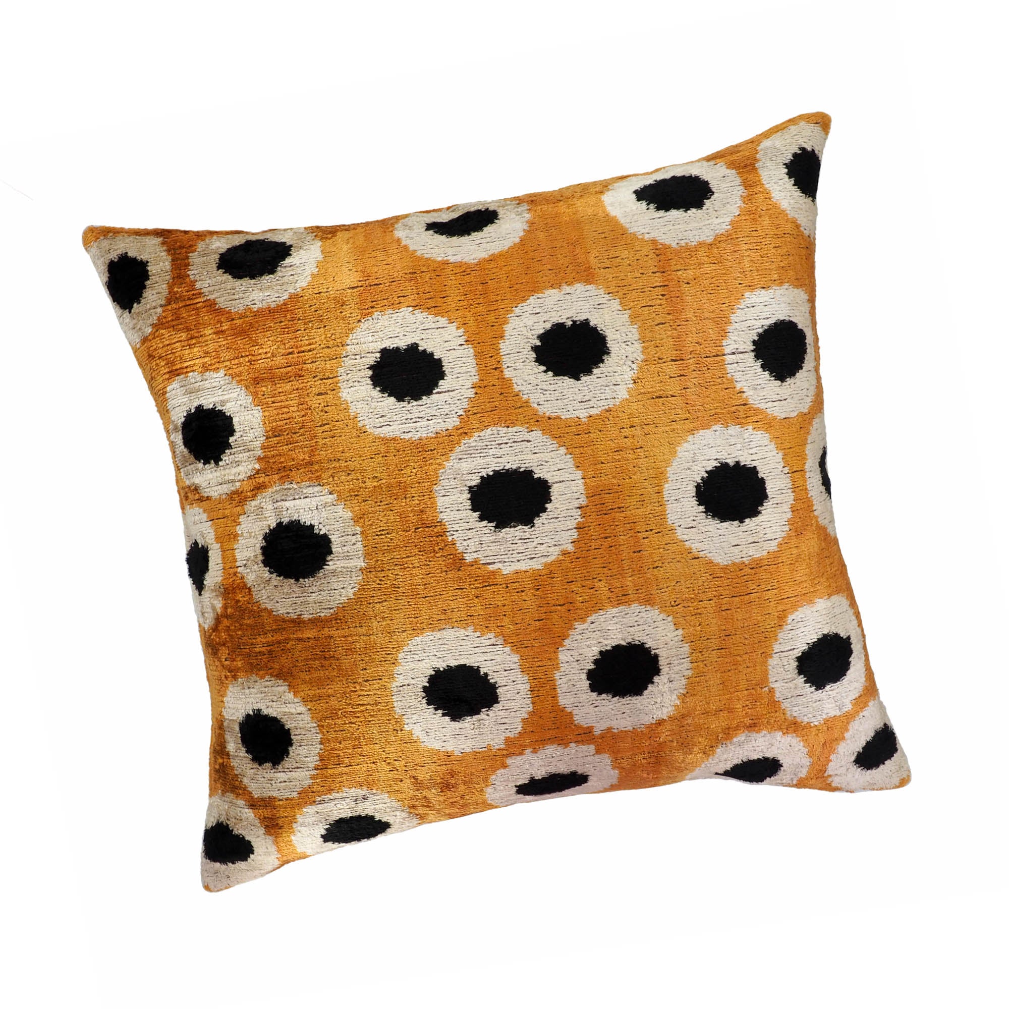 Luxury Orange Orbs Silk Velvet Ikat Throw Pillow Cover, 20 x 20, with striking geometric orb design, handcrafted statement accent pillow for eclectic interiors.