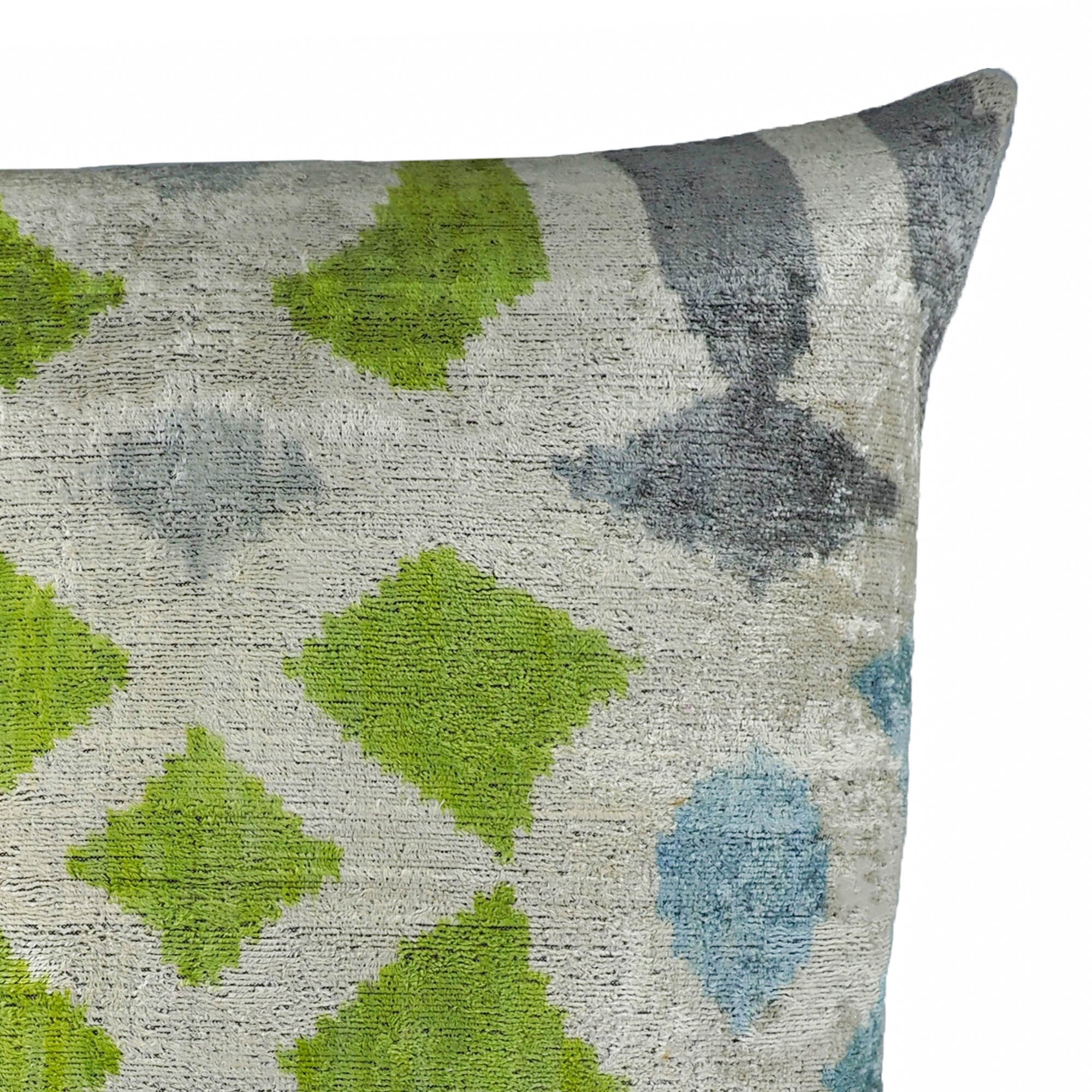 Green and turquoise Paragon ikat pillow made from 100% silk velvet, decorative square cushion by Chouchou Touch