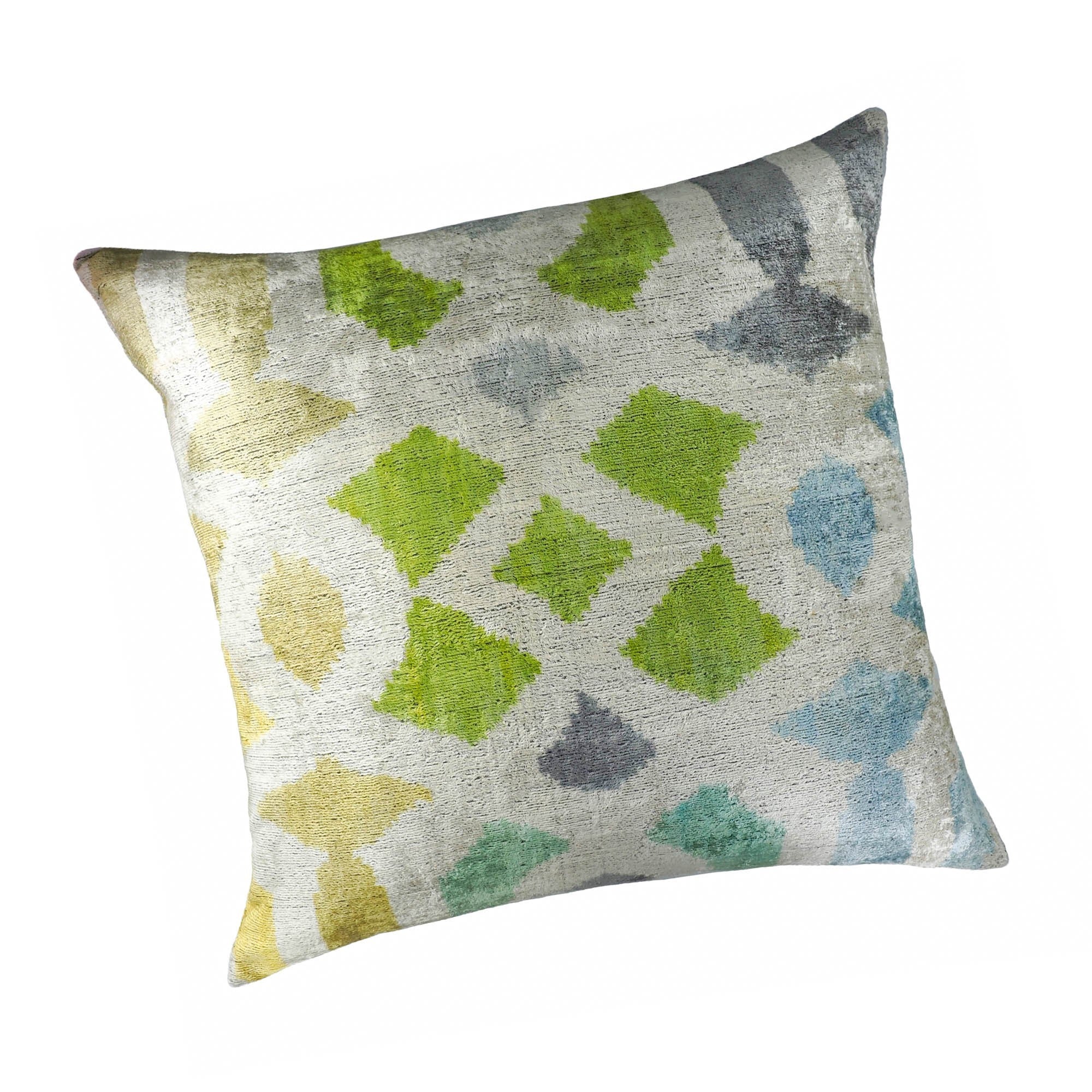 Paragon silk velvet ikat throw pillow cover in green and blue geometric pattern by Chouchou Touch, 24x24 inches