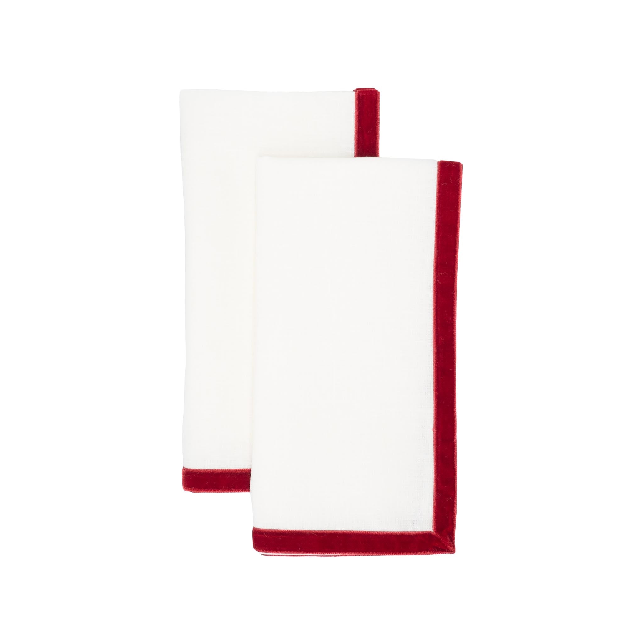 Set of 4 Paris linen napkins, 21x21 inches, with red velvet borders, ideal for fancy dinners and casual gatherings.