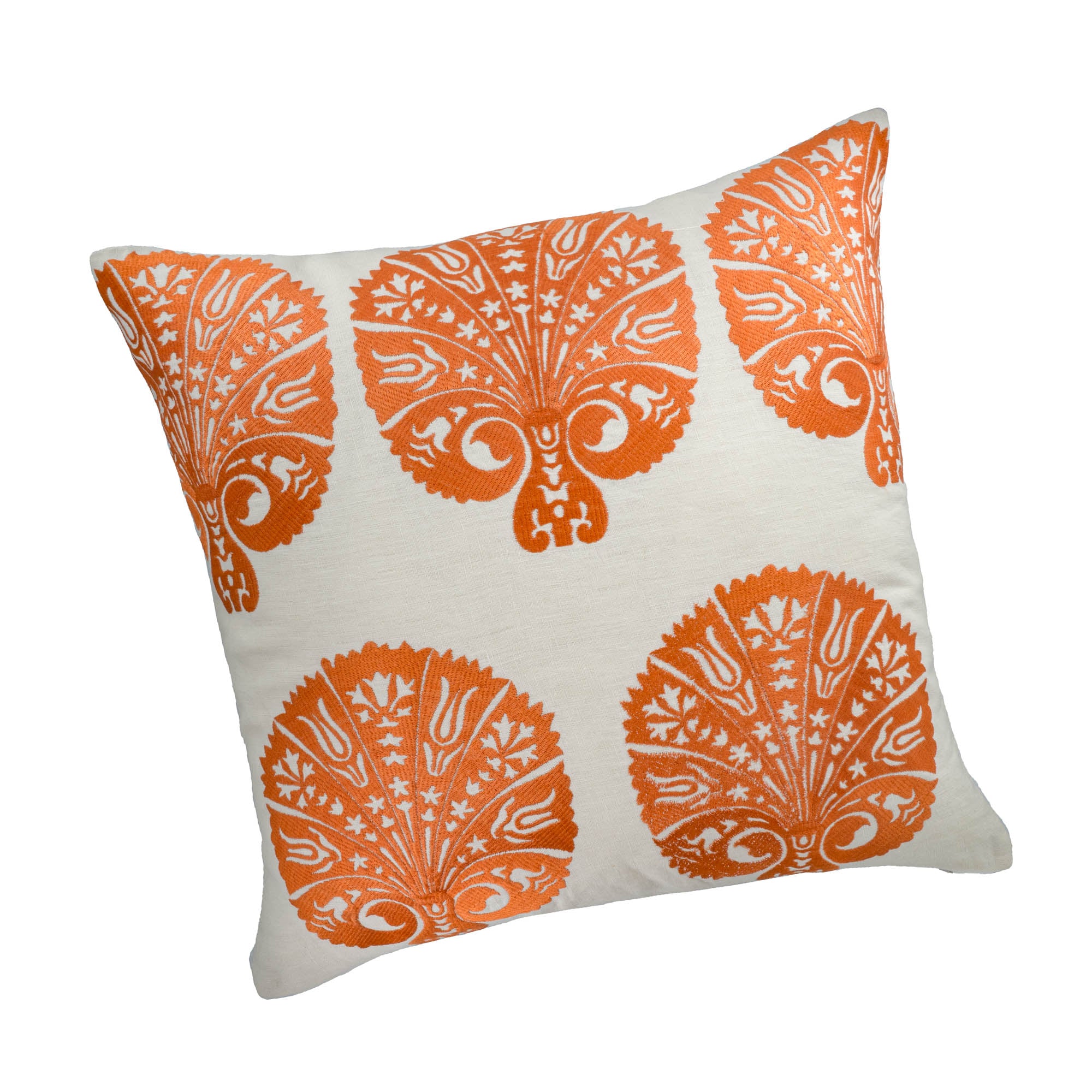 Hand-embroidered linen pillow cover with orange peacock motifs in silk thread.