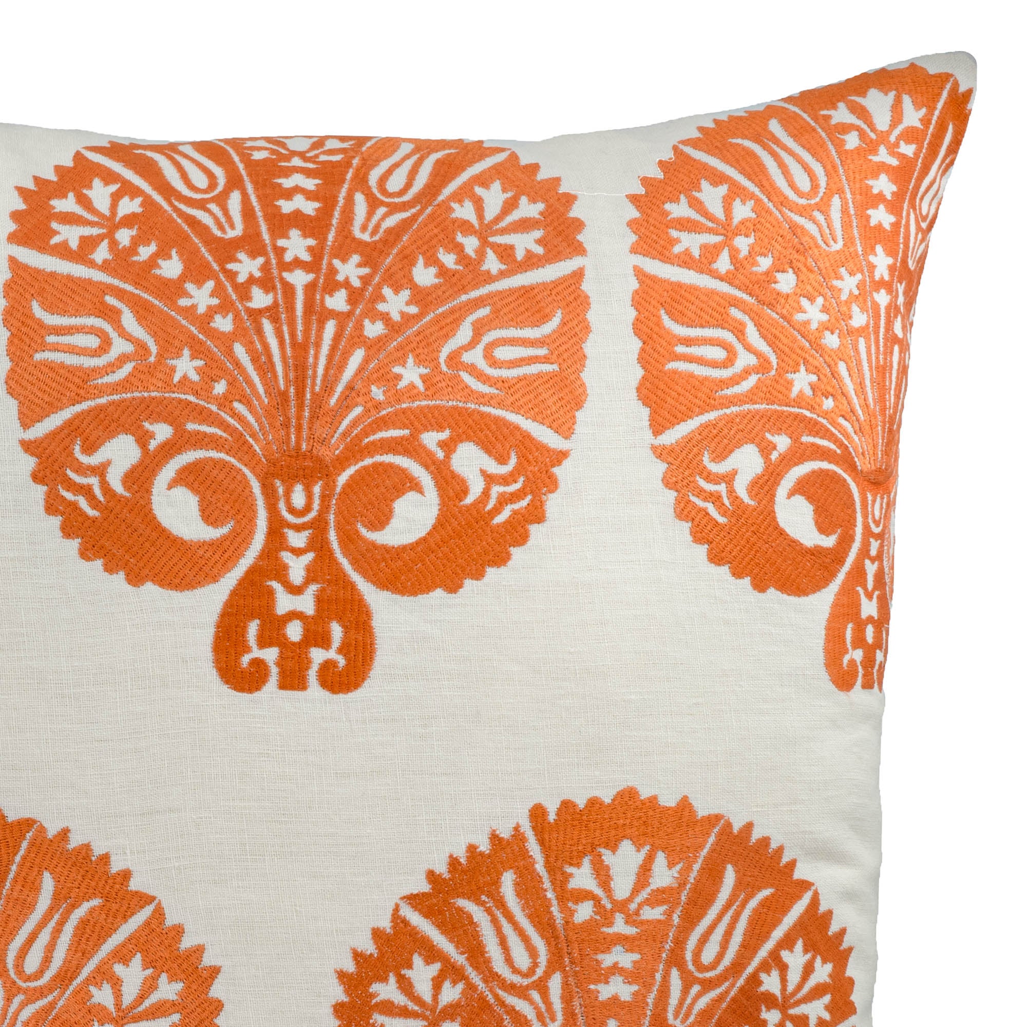 Chouchou Touch square throw pillow cover featuring bold orange silk embroidery on ivory linen.