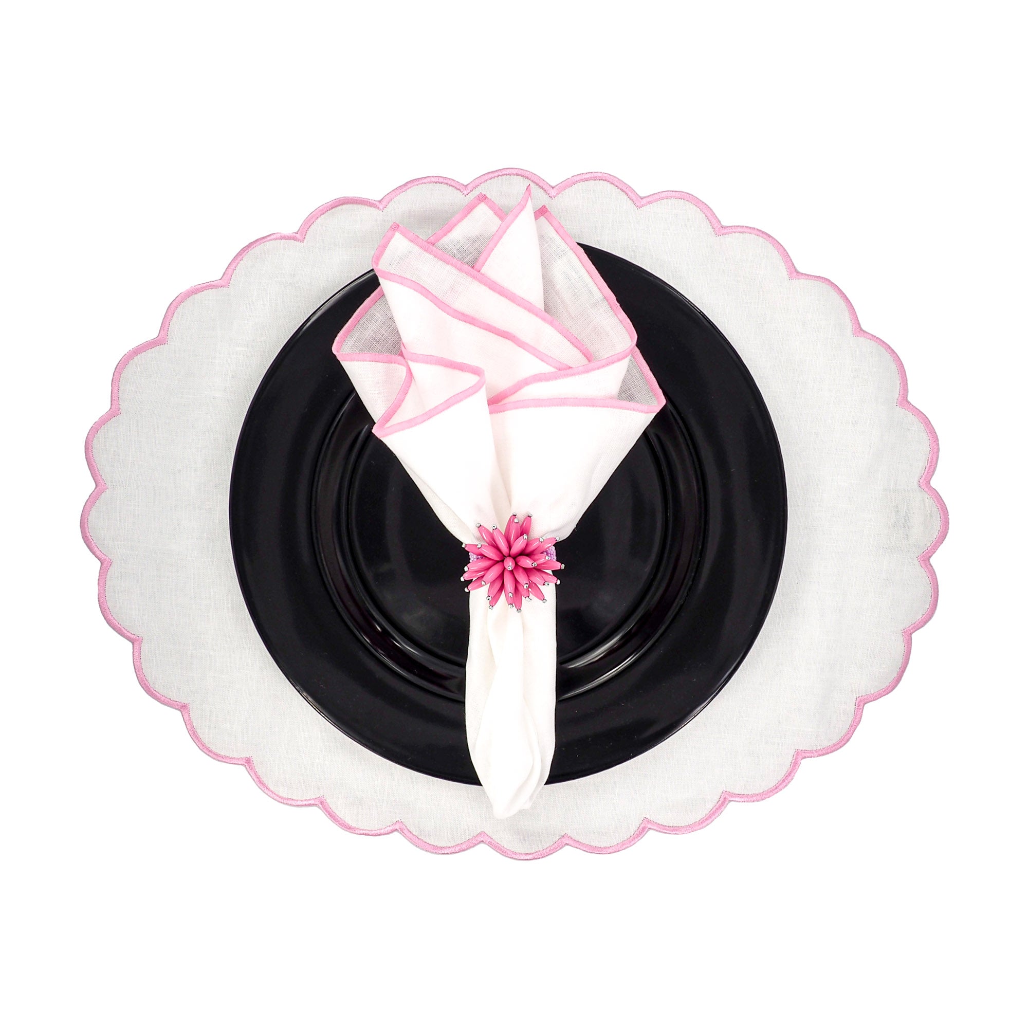Elegant white linen scalloped placemat with delicate pink embroidered edge-handcrafted from 100% premium linen, perfect for sophisticated table settings, weddings, and dinner parties.