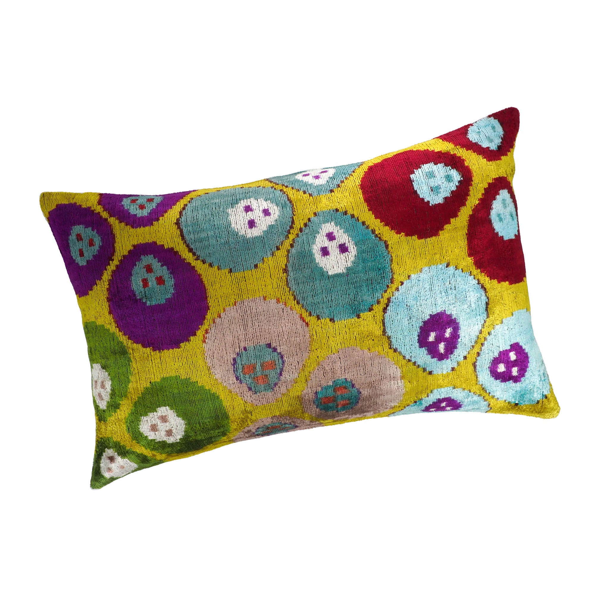 Chouchou Touch Pomegranate pillow in 100% silk velvet with multicolor circular motifs.