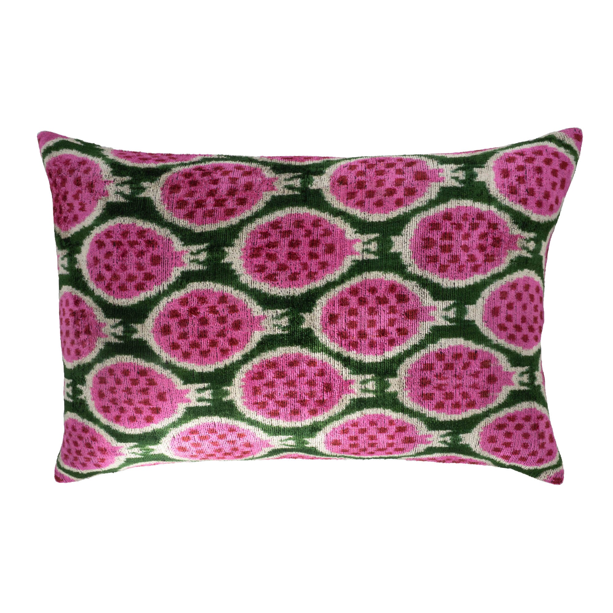 Pomegranates Silk Velvet Ikat Throw Pillow Cover by Chouchou Touch, 16x24 inches.