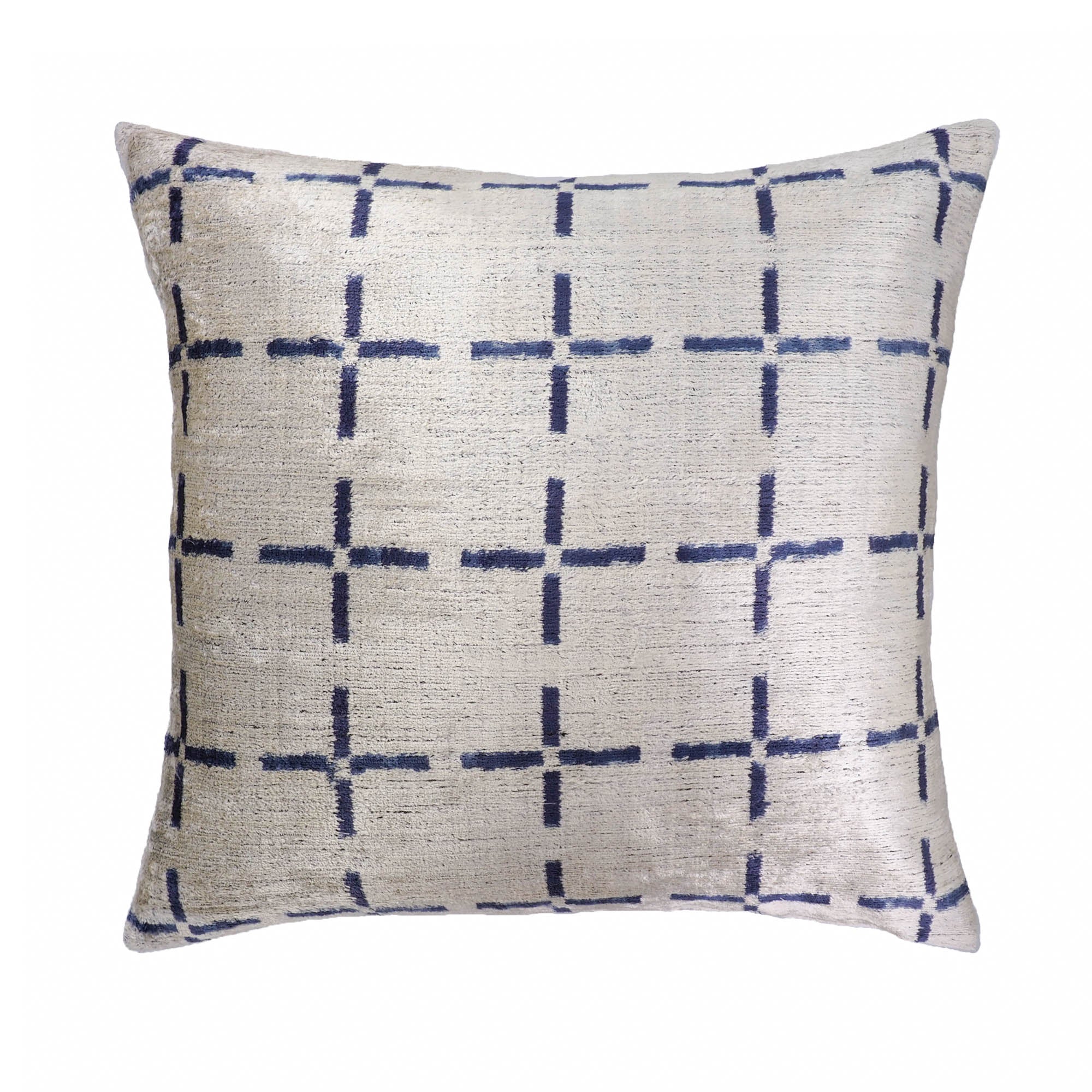 Chouchou Touch Positive S pillow with navy grid cross pattern on ivory silk velvet.