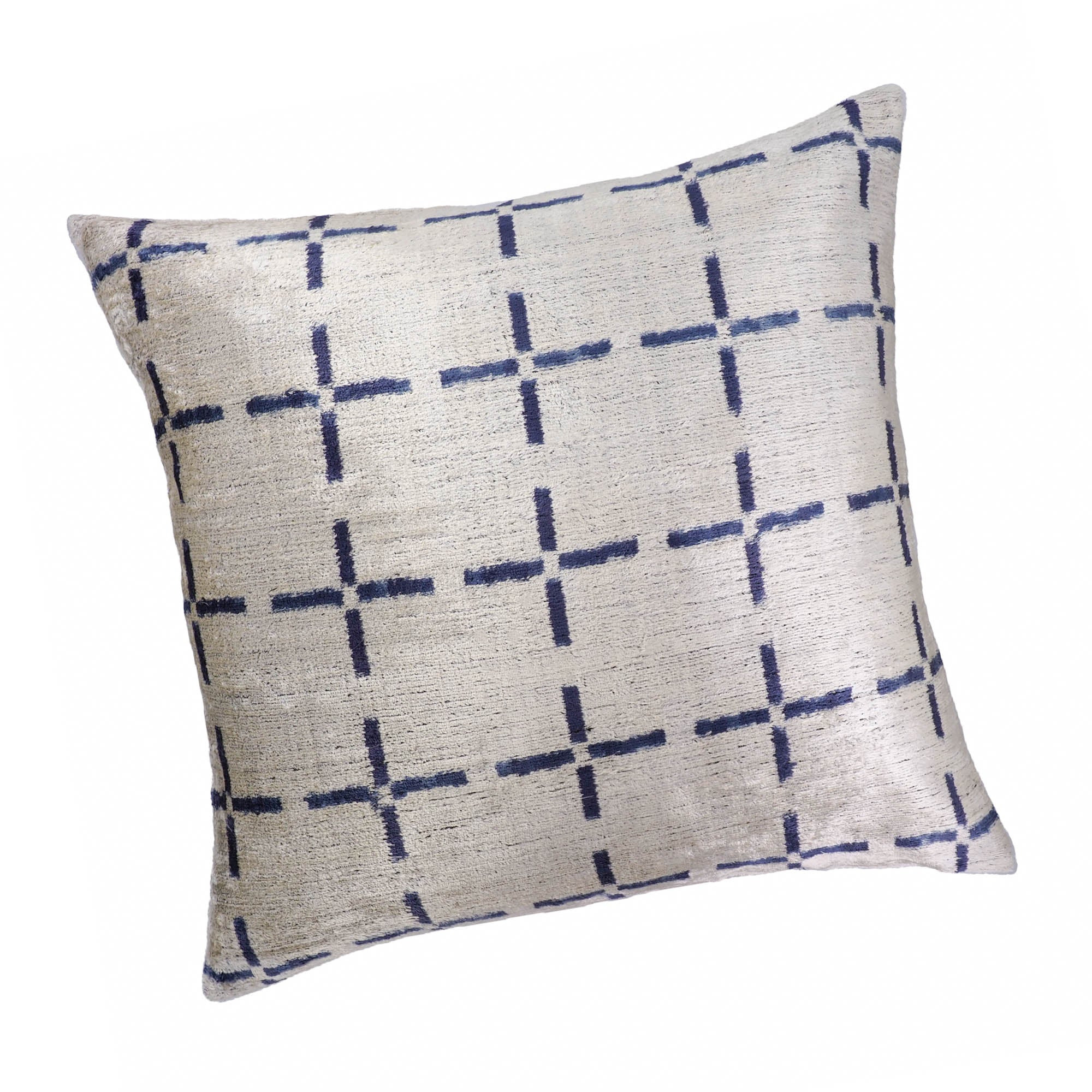 20-inch square silk velvet pillow cover featuring minimalist navy plus-sign design.