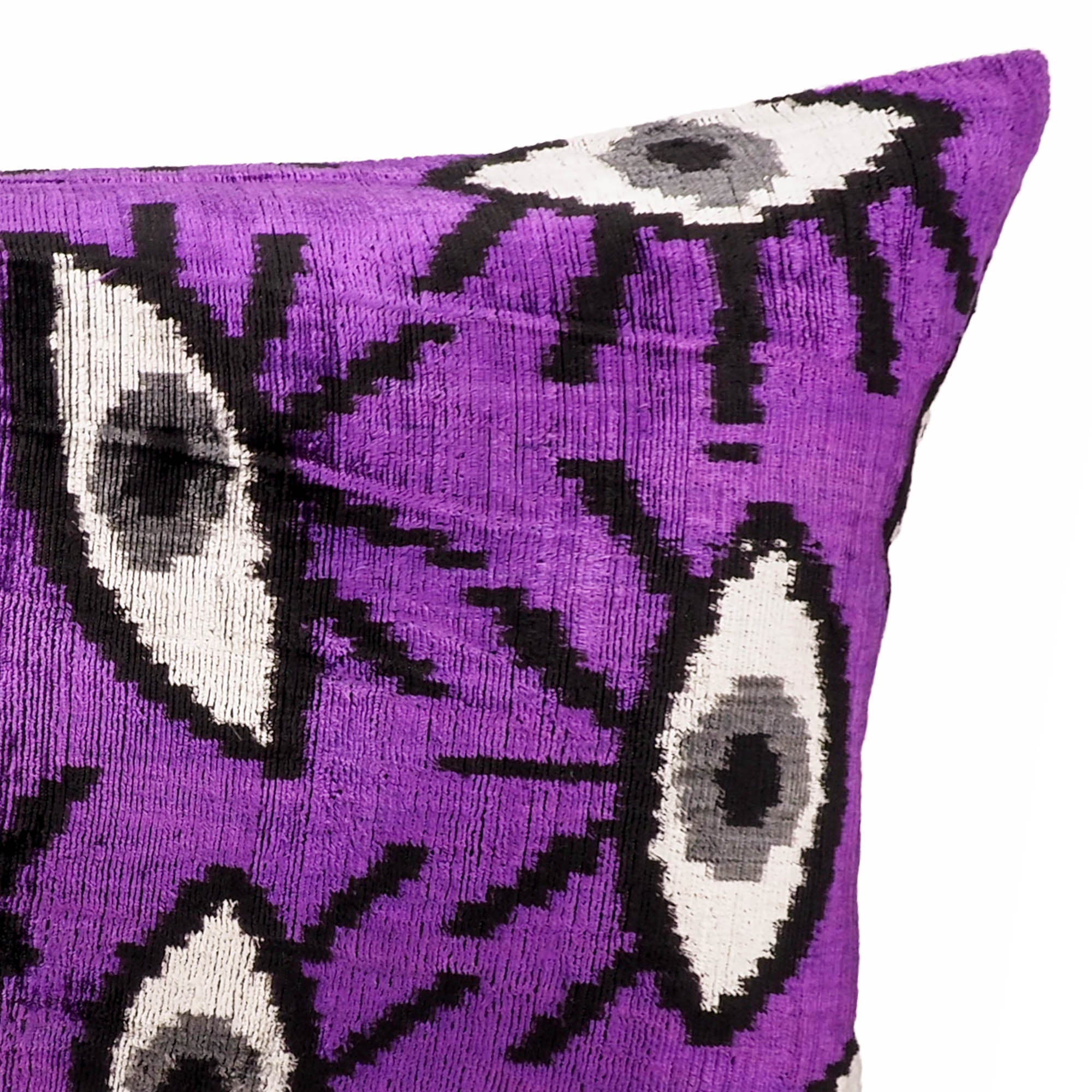Purple Eyes Silk Velvet Ikat Throw Pillow Cover, 16 x 24, with vibrant purple Ikat patterns on high-quality silk velvet, adding warmth and texture to any room.