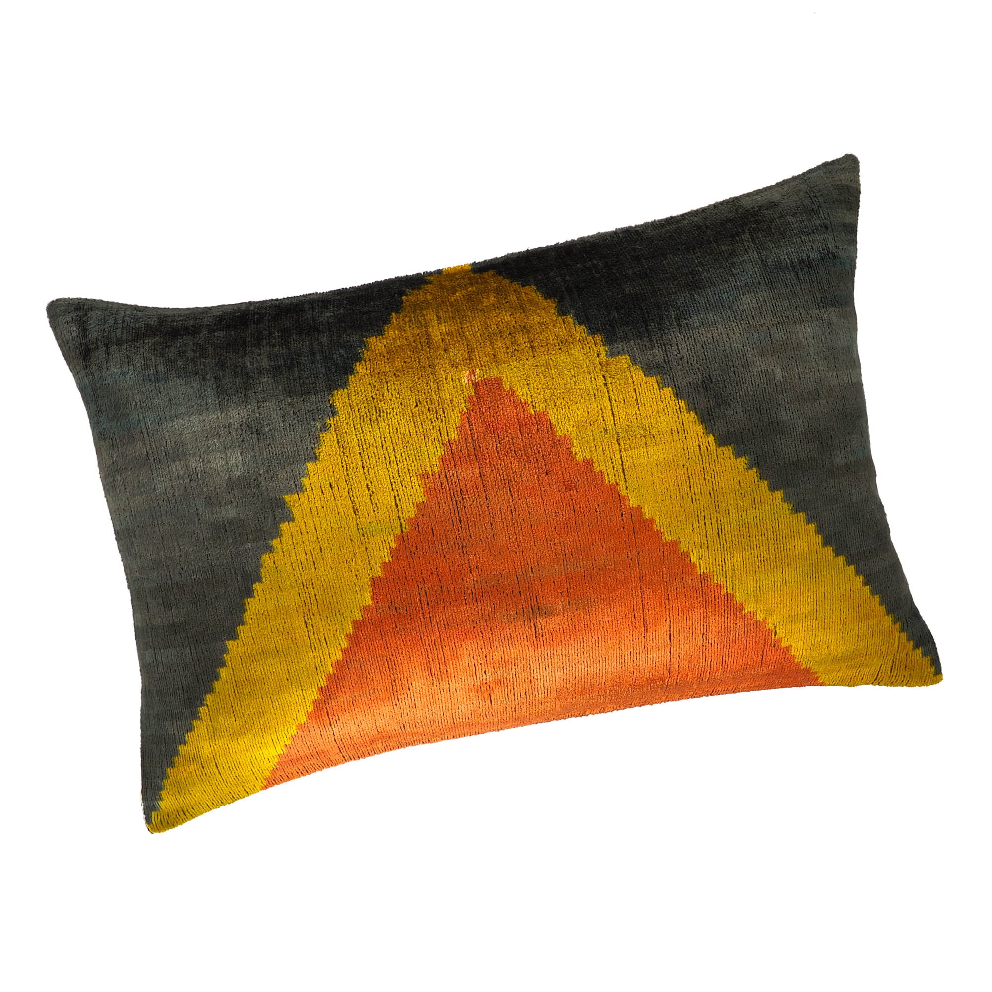 Pyramid Silk Velvet Ikat Throw Pillow Cover, 16 x 24, showcasing modern pyramid motifs woven into high-quality silk velvet, adding vibrant texture to your decor.