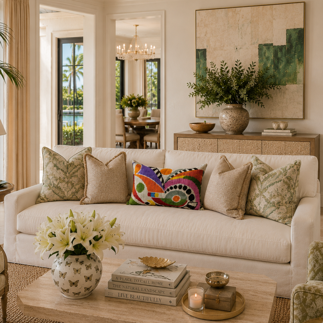Living room with a beige sofa, Ra silk velvet ikat decorative pillows, and a coffee table with books and a candle.