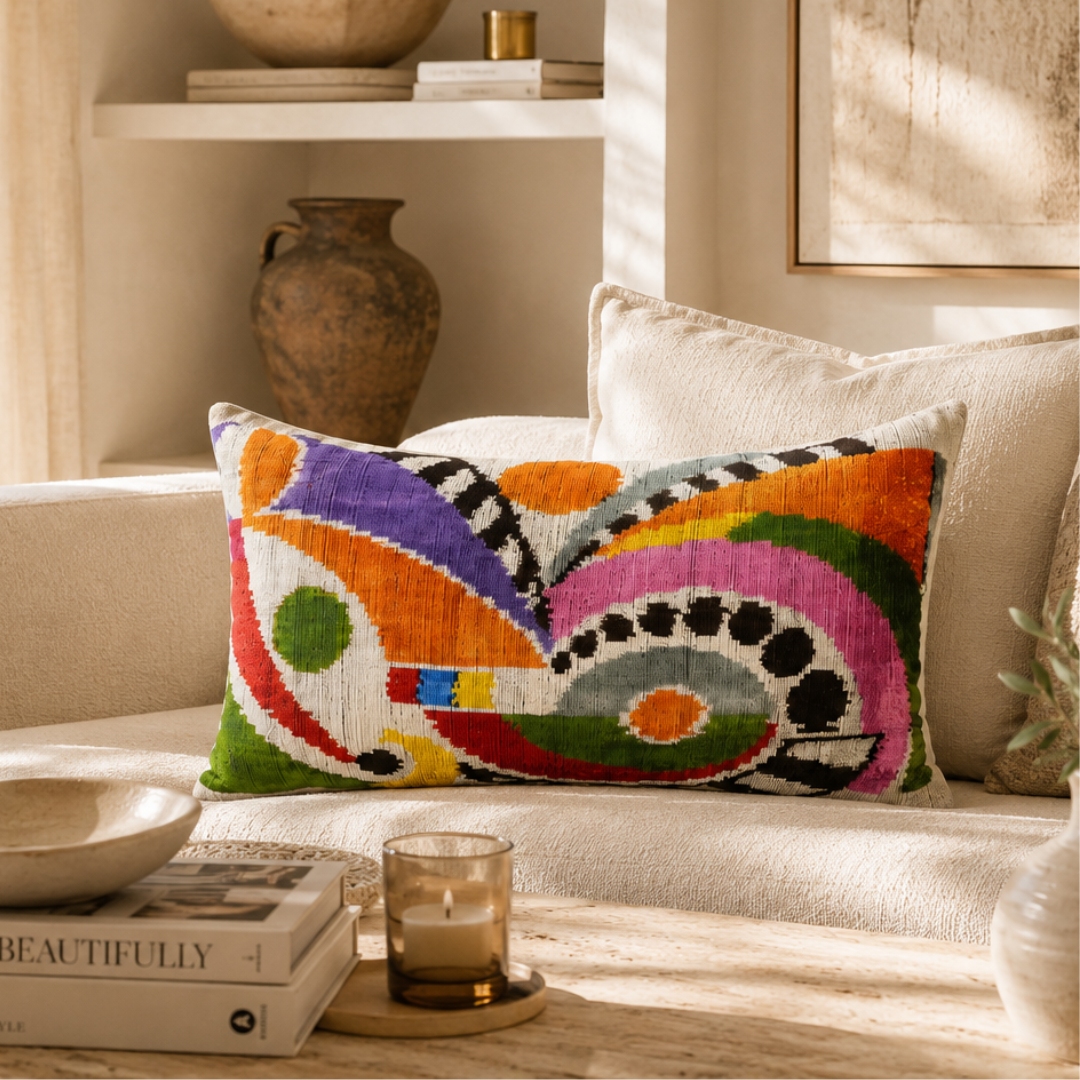 Colorful silk velvet ikat lumbar pillow cover in orange, , purple, pink, black and green on a cream sofa in a warm neutral living room