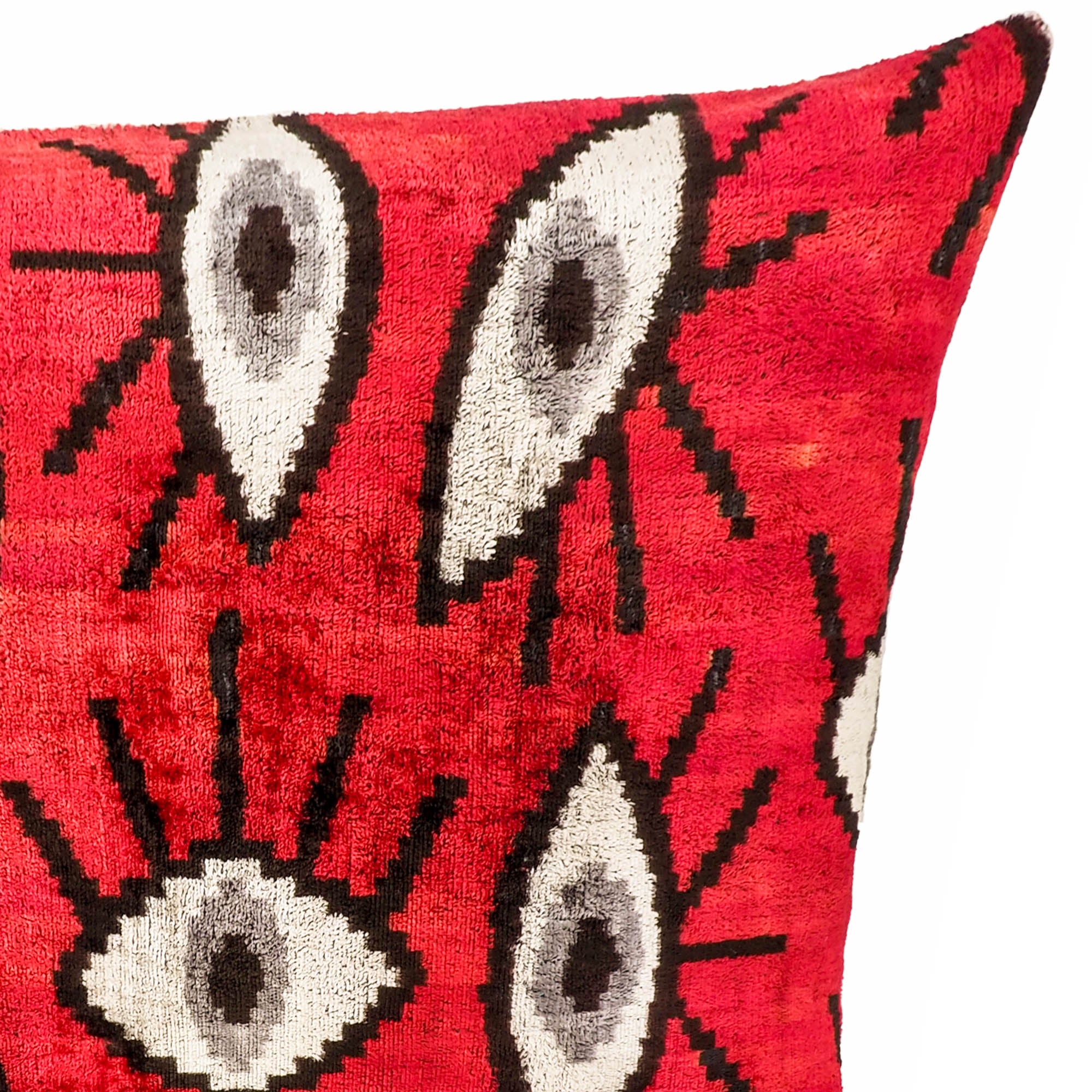 Chouchou Touch Red Eyes Silk Velvet Ikat Pillow Cover, 16 x 24, with striking red tie-dye Ikat design on soft velvet, adding a contemporary flair to any home interior.