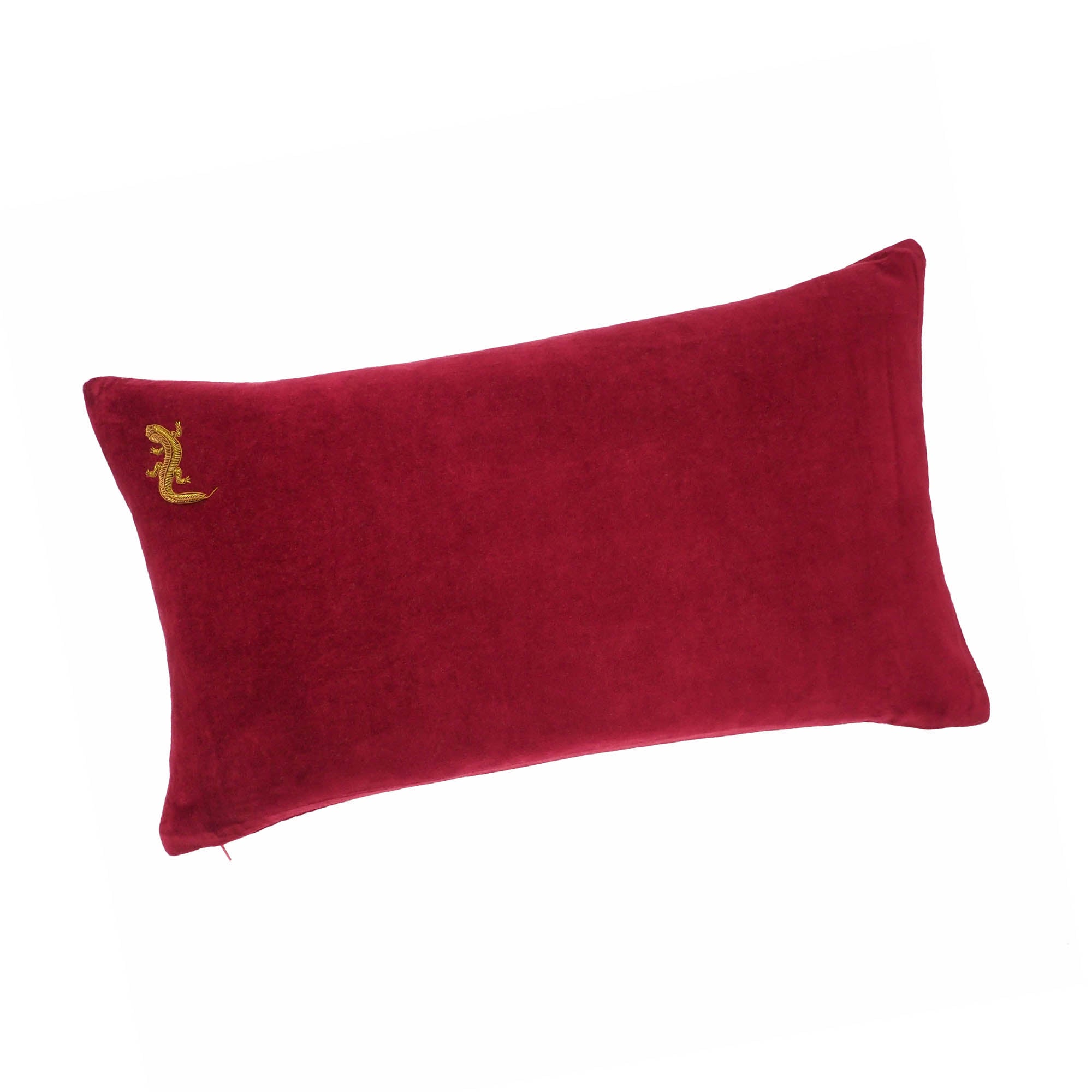 Chouchou Touch red velvet throw pillow cover featuring hand-embroidered gold gecko design.