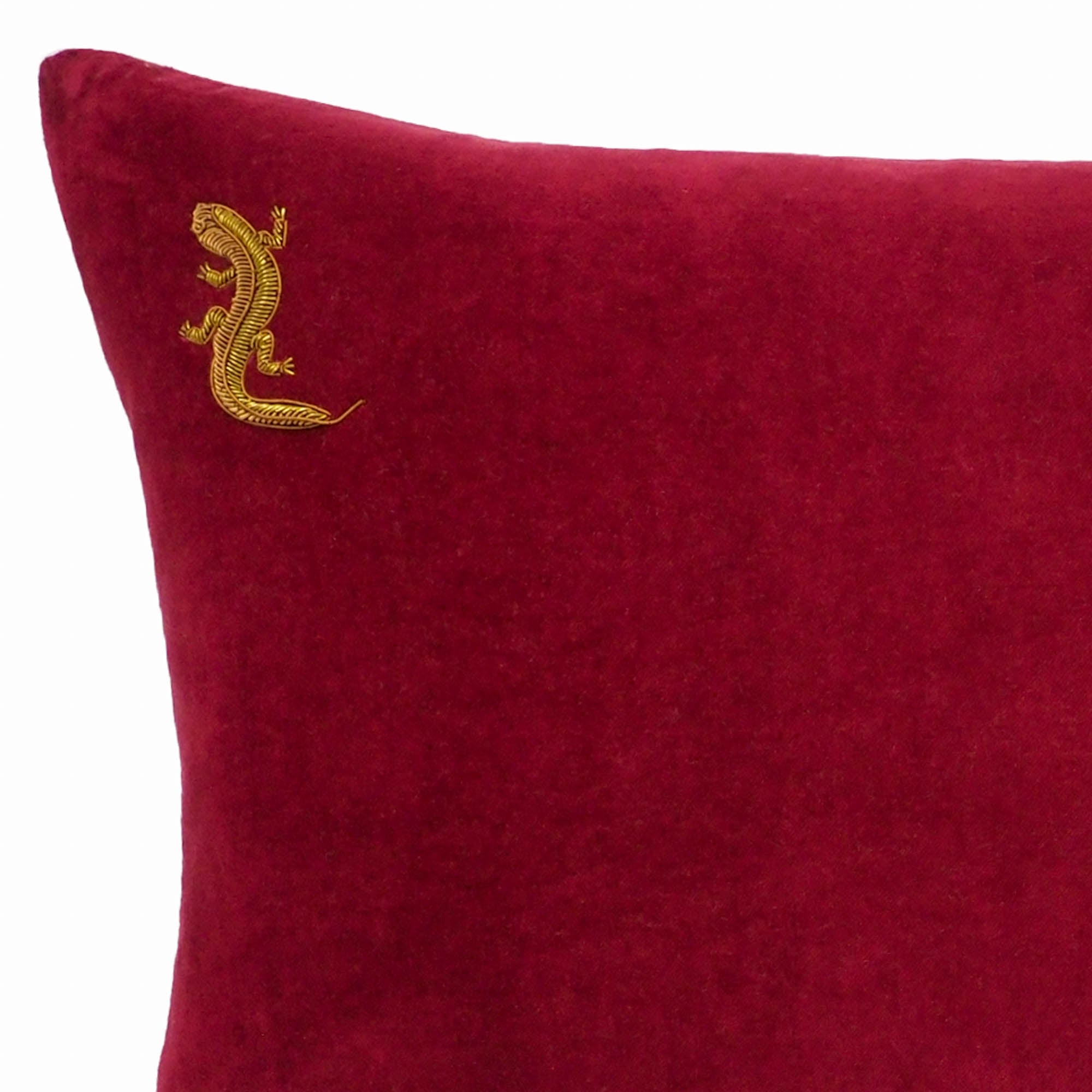 Luxury red velvet pillow cover with metal thread embroidered lizard motif, 14x24 inches.