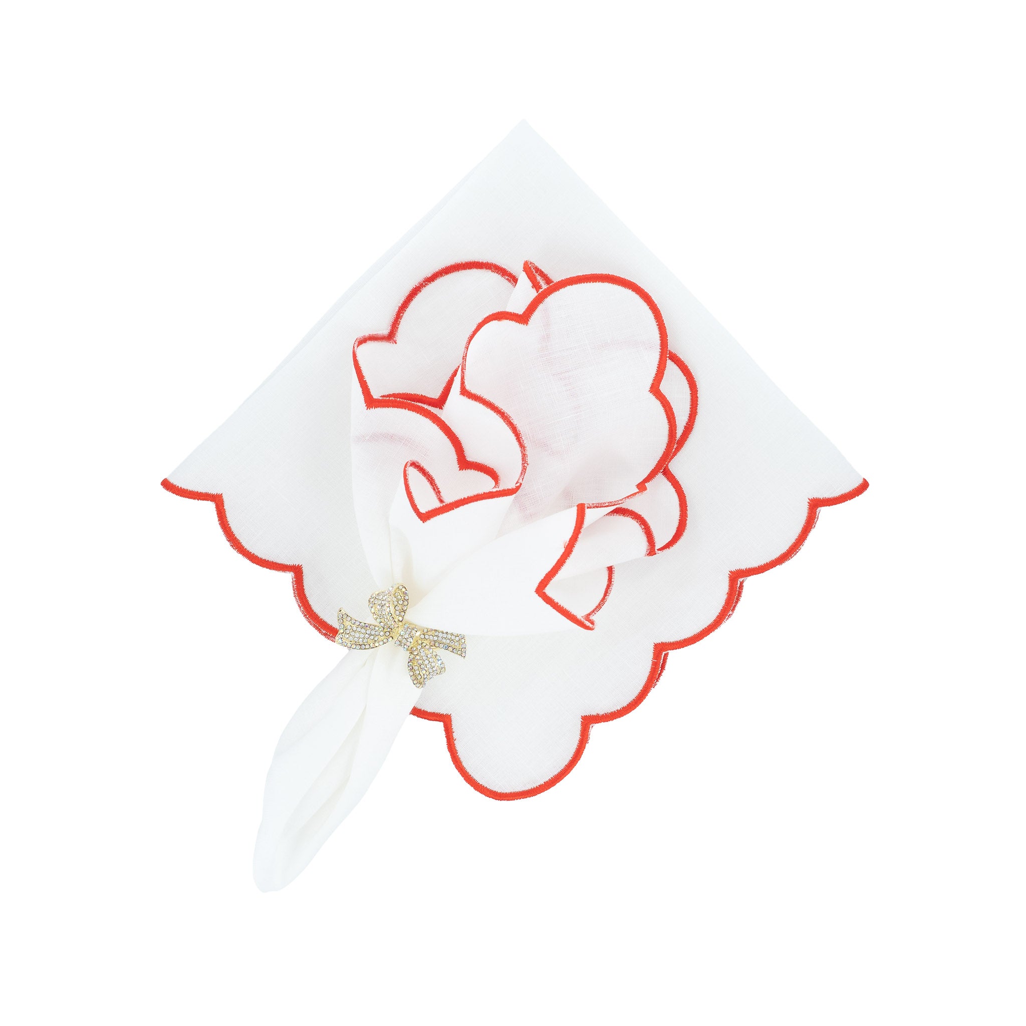 Red scalloped linen napkins, designed to bring a festive and sophisticated feel to your table settings.