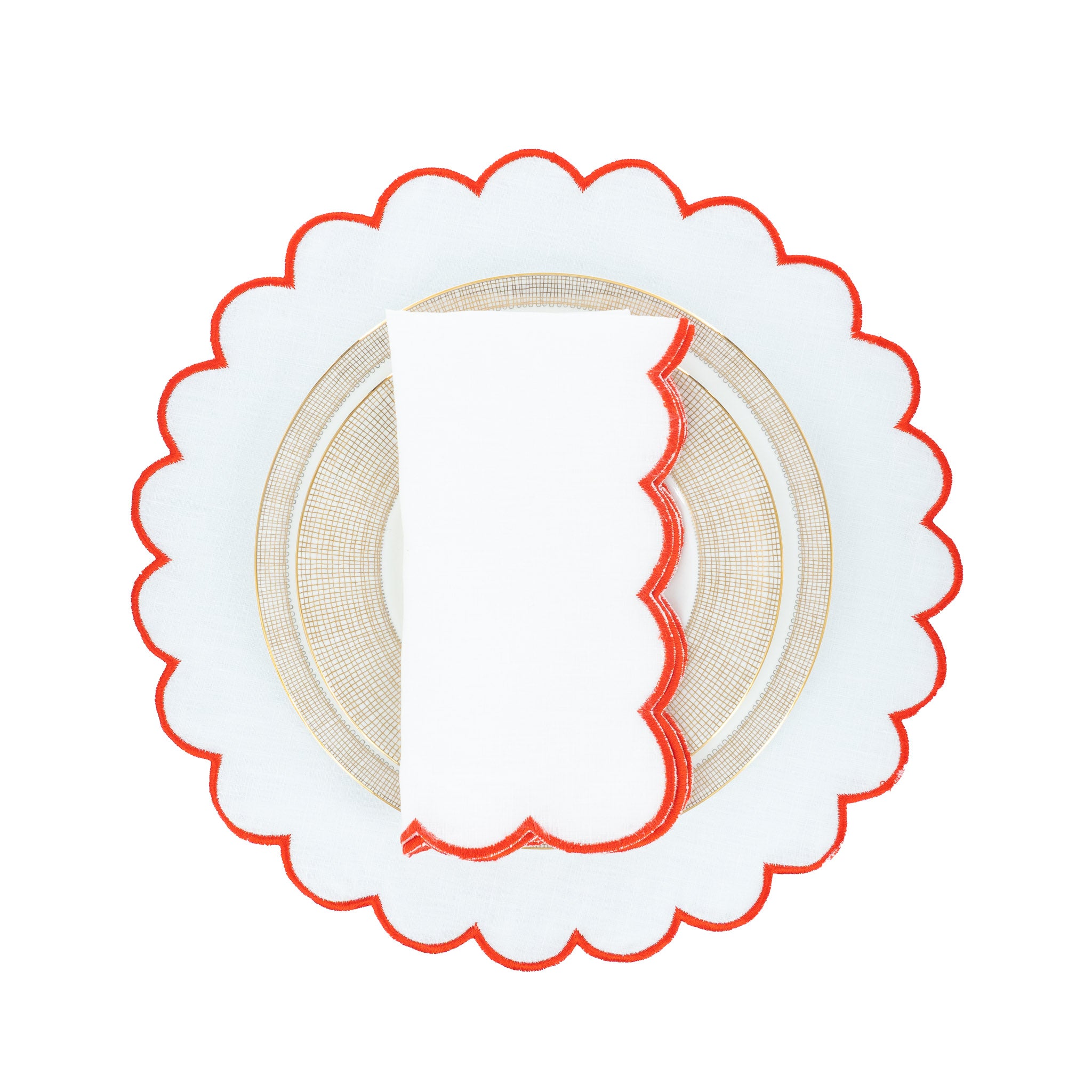 Durable red scalloped linen napkins with decorative edges, machine washable, ideal for elegant dining events.