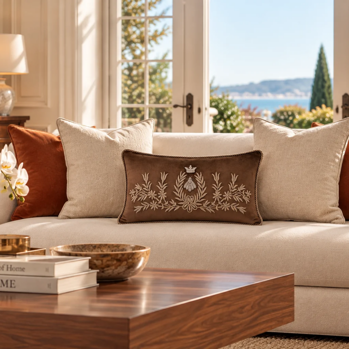 Regina brown silk velvet pillow with antique-gold bee and floral embroidery on a white sofa with cream and rust cushions, overlooking the water.
