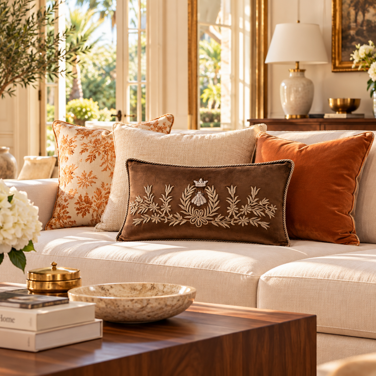 Regina brown silk velvet pillow with crowned bee and floral embroidery on a white sofa, styled with cream, floral and orange cushions.