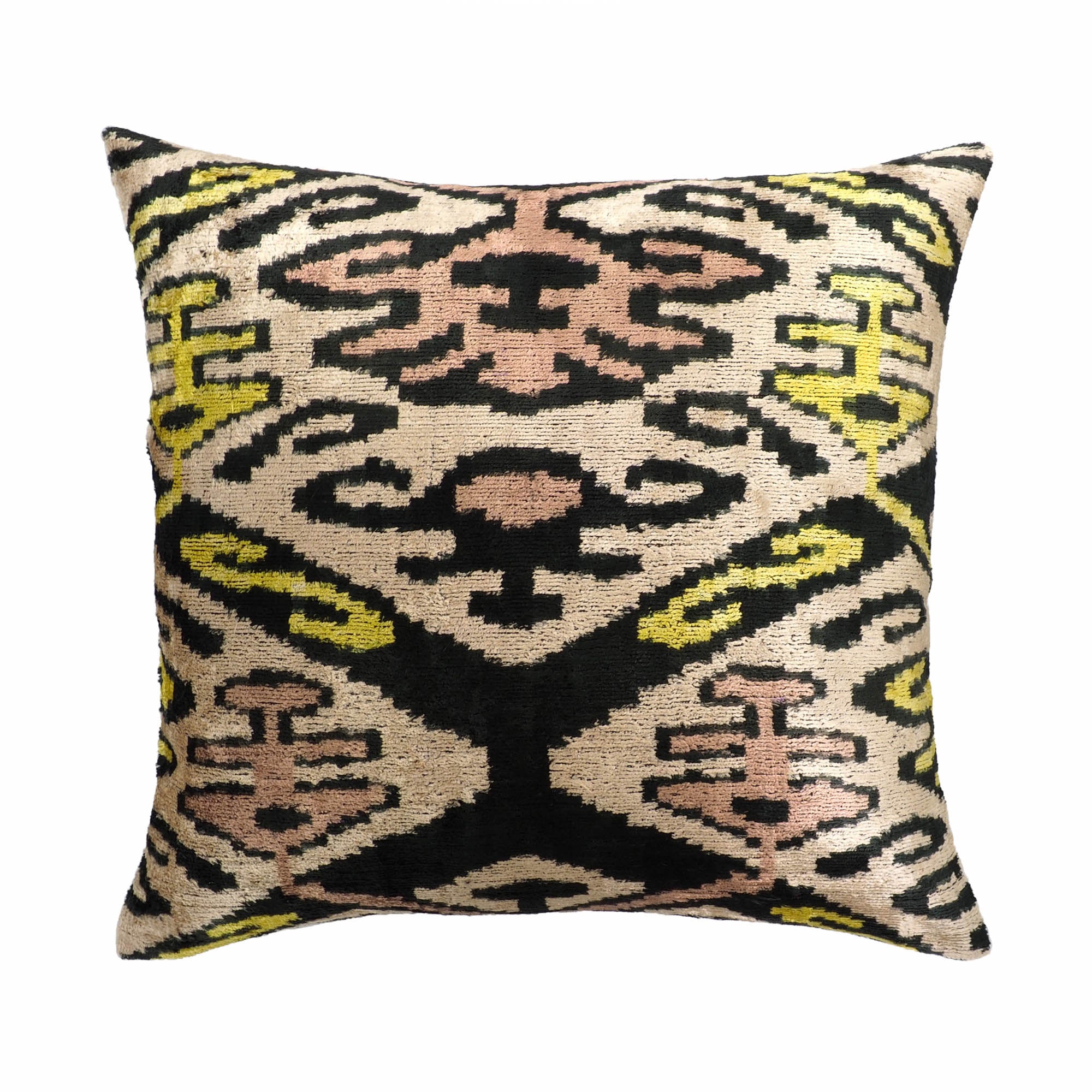 Regina L silk velvet ikat pillow in soft gold, blush pink, black, and yellow by Chouchou Touch.