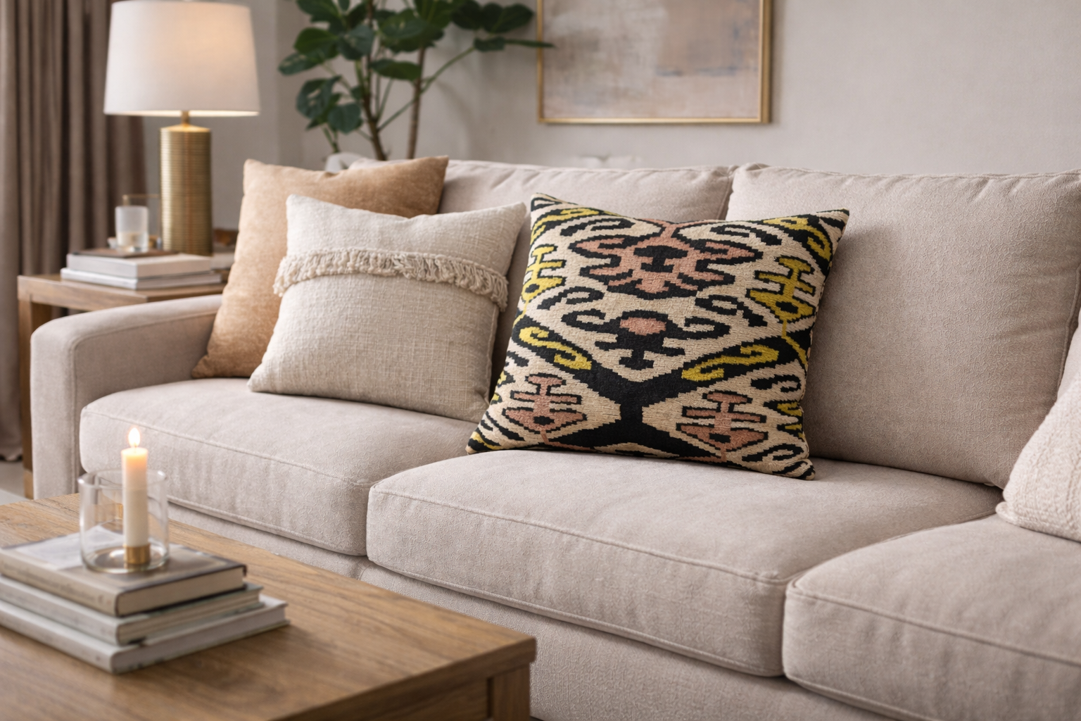 handmade ikat pattern decorative throw pillow on a beige sofa in a bright modern living room with neutral cushions