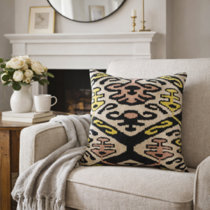silk velvet ikat pattern decorative throw pillow styled on a beige sofa with a cozy fireplace in a bright living room