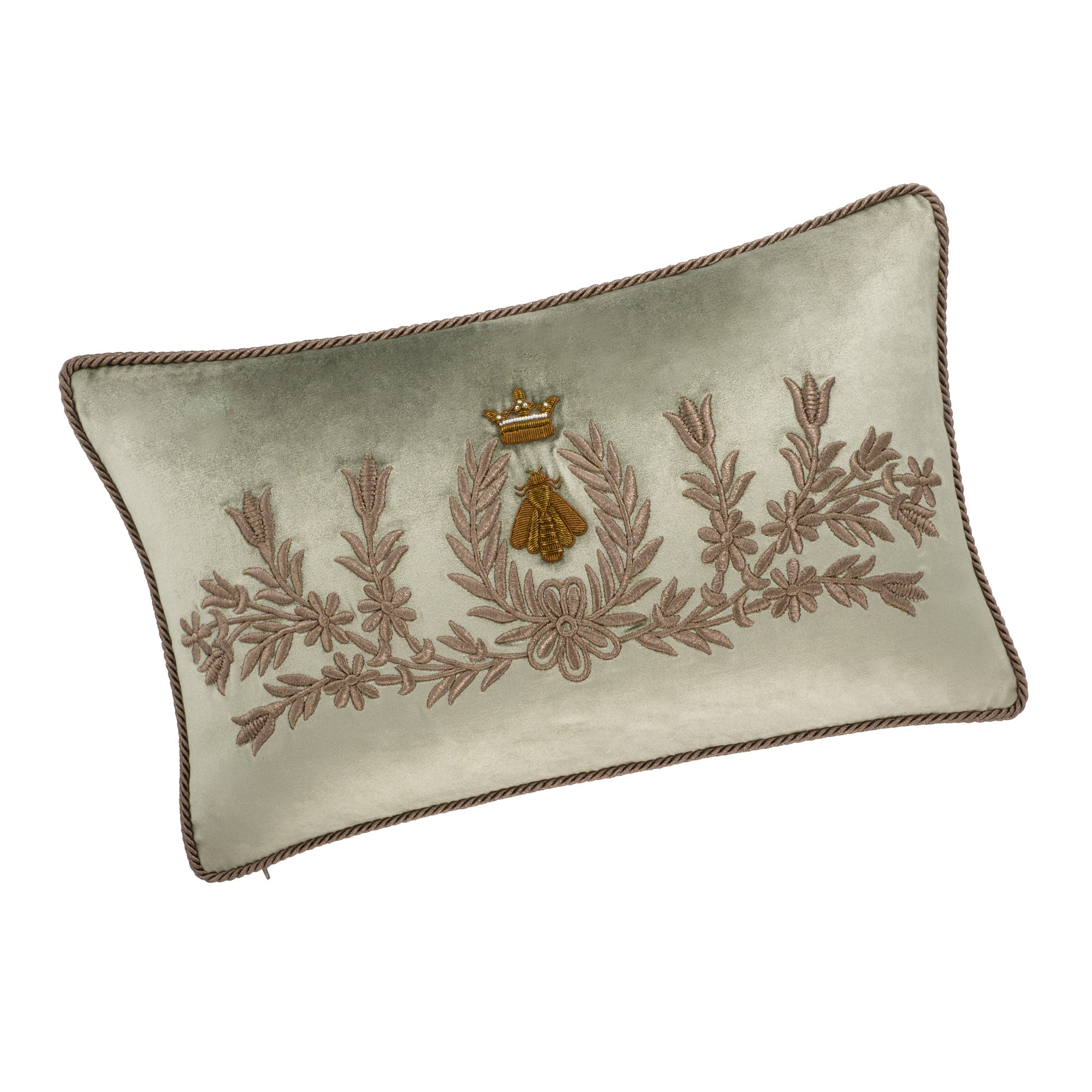 sage green silk velvet pillow 12x20 with embroidered crown and bee motif and floral detailing, elegant luxury decorative cushion on a clean white background