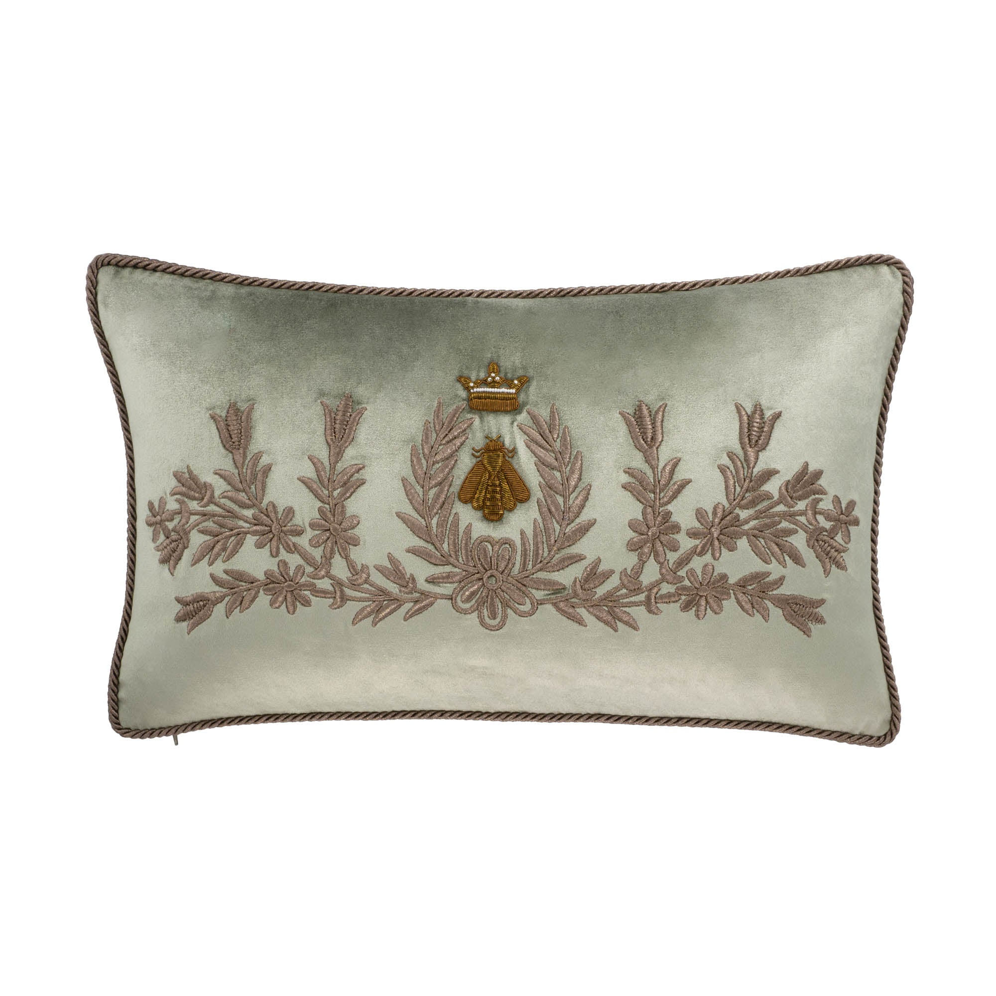 Regina Silk Velvet Throw Pillow Cover with sage green fabric and golden bee embroidery, 12x20 inches