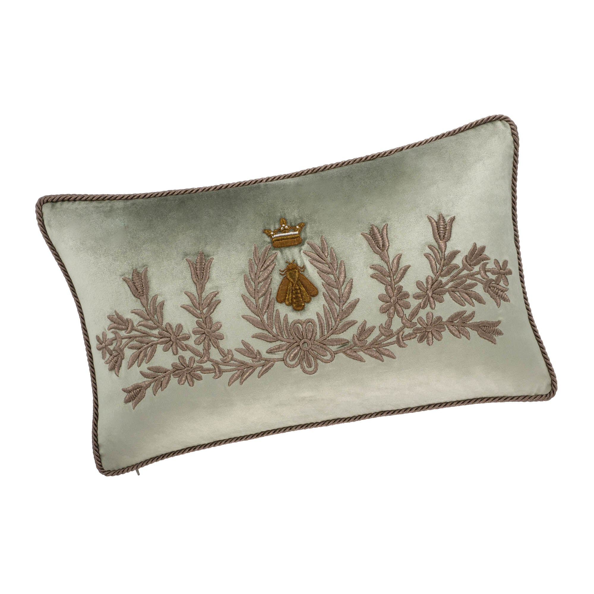 Handcrafted sage green silk velvet pillow cover featuring central golden bumblebee and floral design