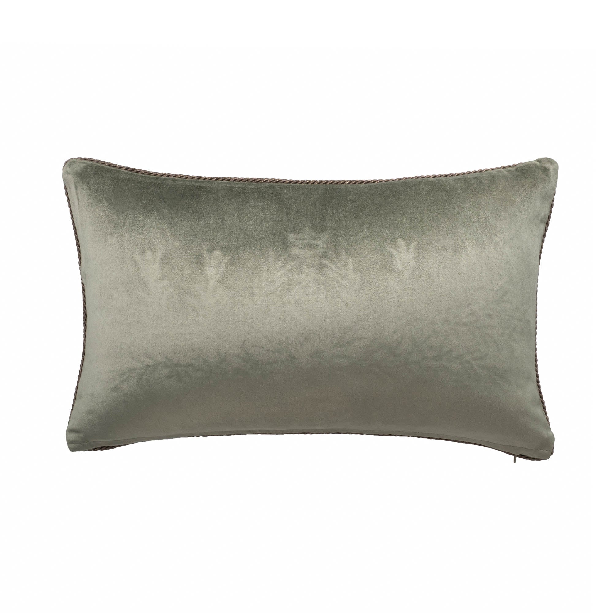 Decorative silk velvet throw pillow in sage green with royal bee and floral motif