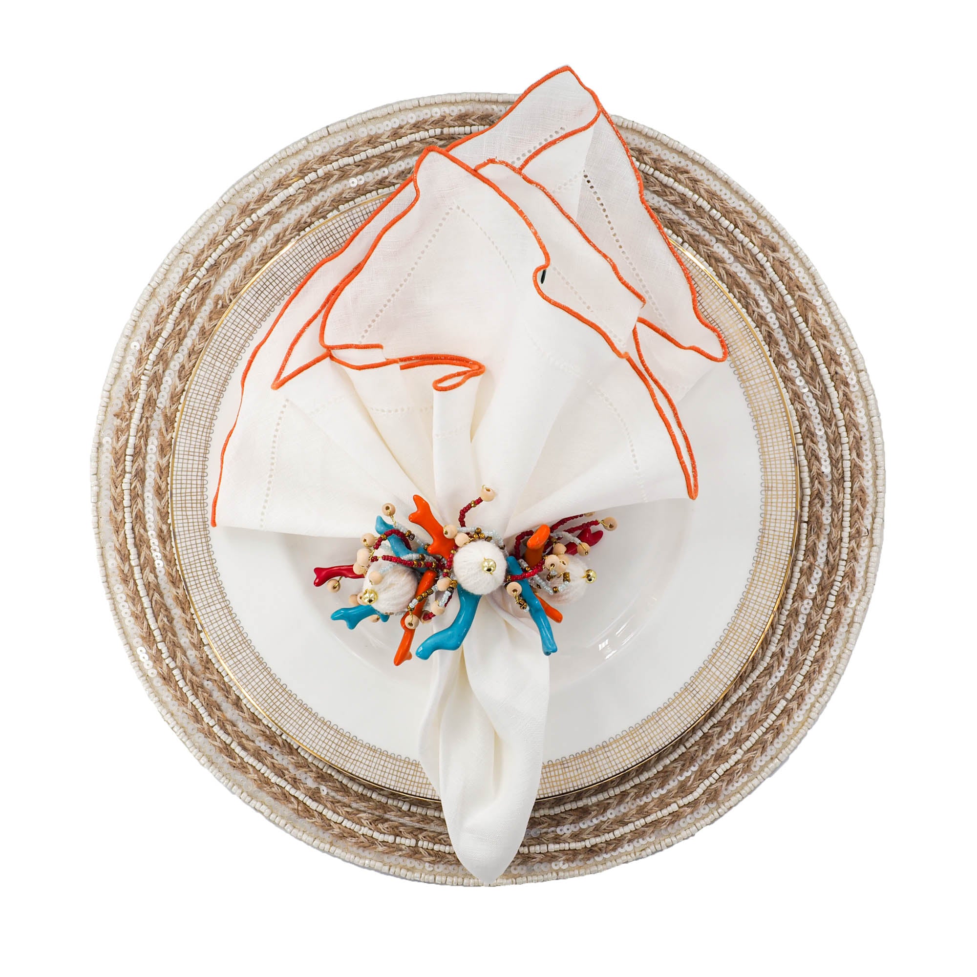 natural table setting with handmade braided jute placemat and white glass beads, styled with white hemstitched linen napkin by ChouChou Touch