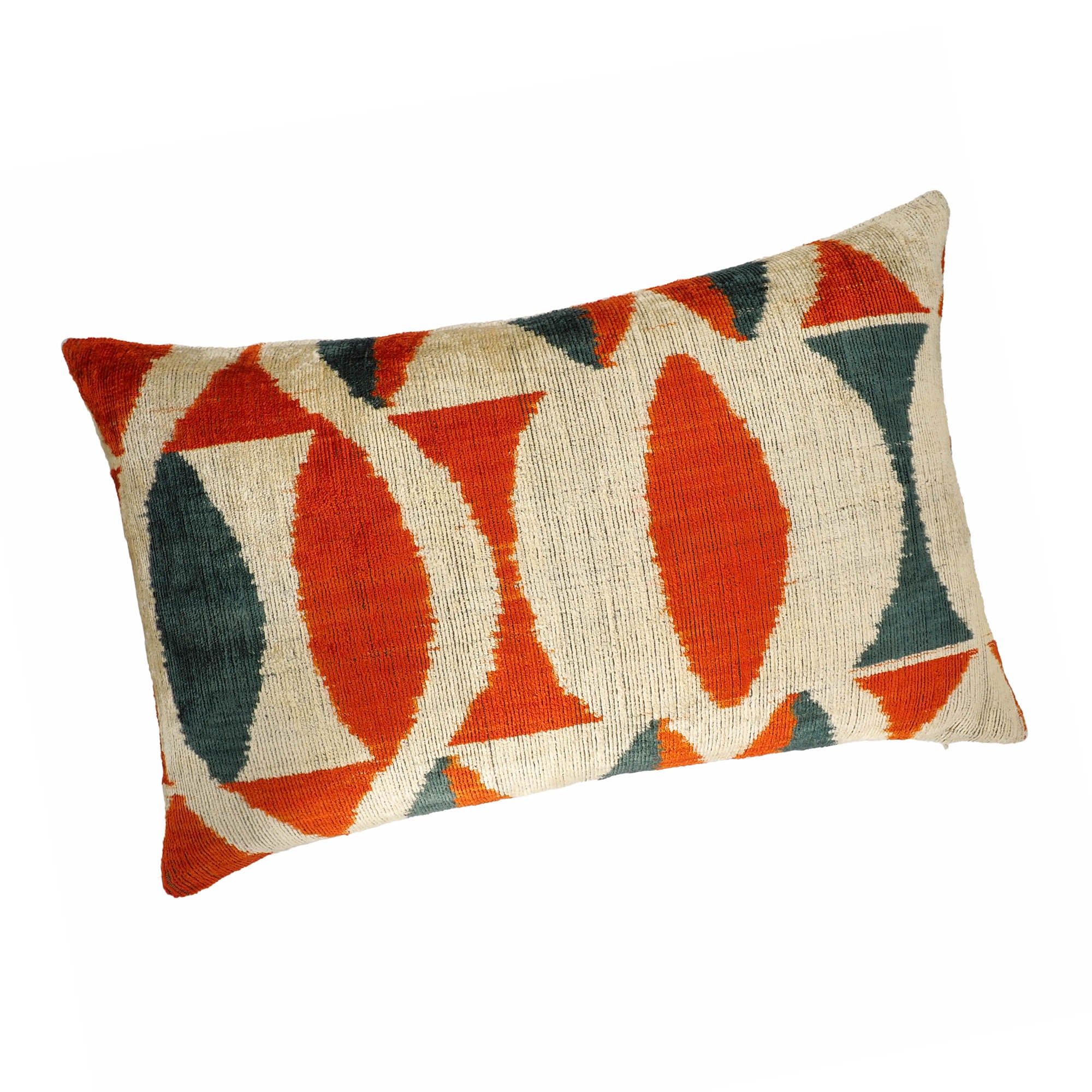 Rico Silk Velvet Ikat Throw Pillow, 16 x 24, with a timeless Ikat design woven into luxurious silk velvet, perfect for enhancing any interior with elegance and color.