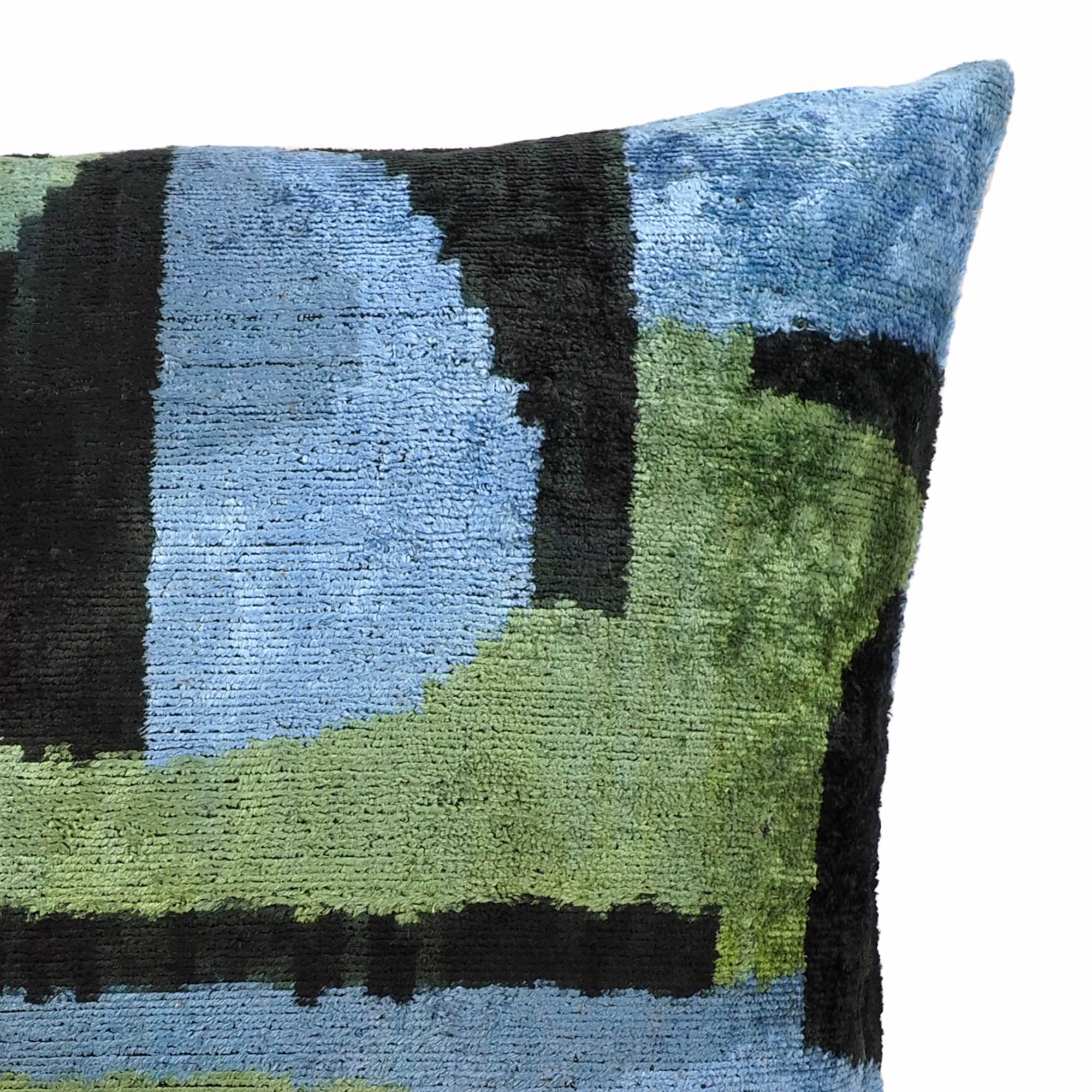 Chouchou Touch Robin Silk Velvet Ikat Pillow Cover, 20 x 20, handwoven with intricate Ikat patterns on silk velvet, a stunning addition to any interior.