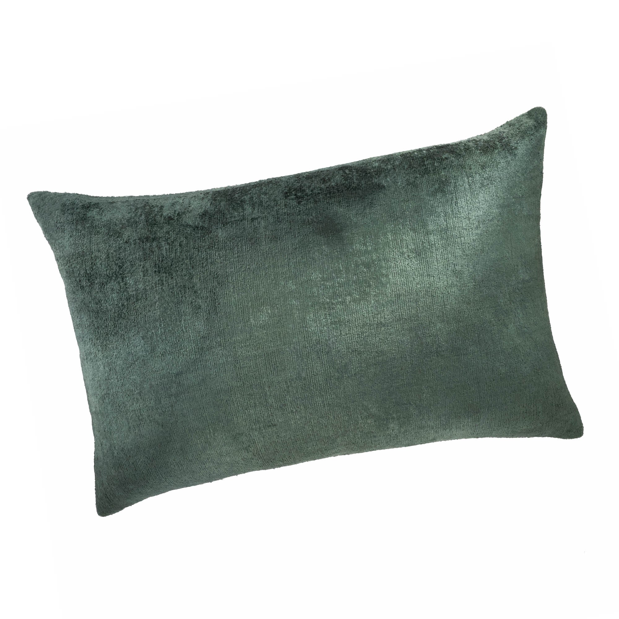 Handcrafted sage green ikat pillow cover made of 100% silk velvet with soft sheen.