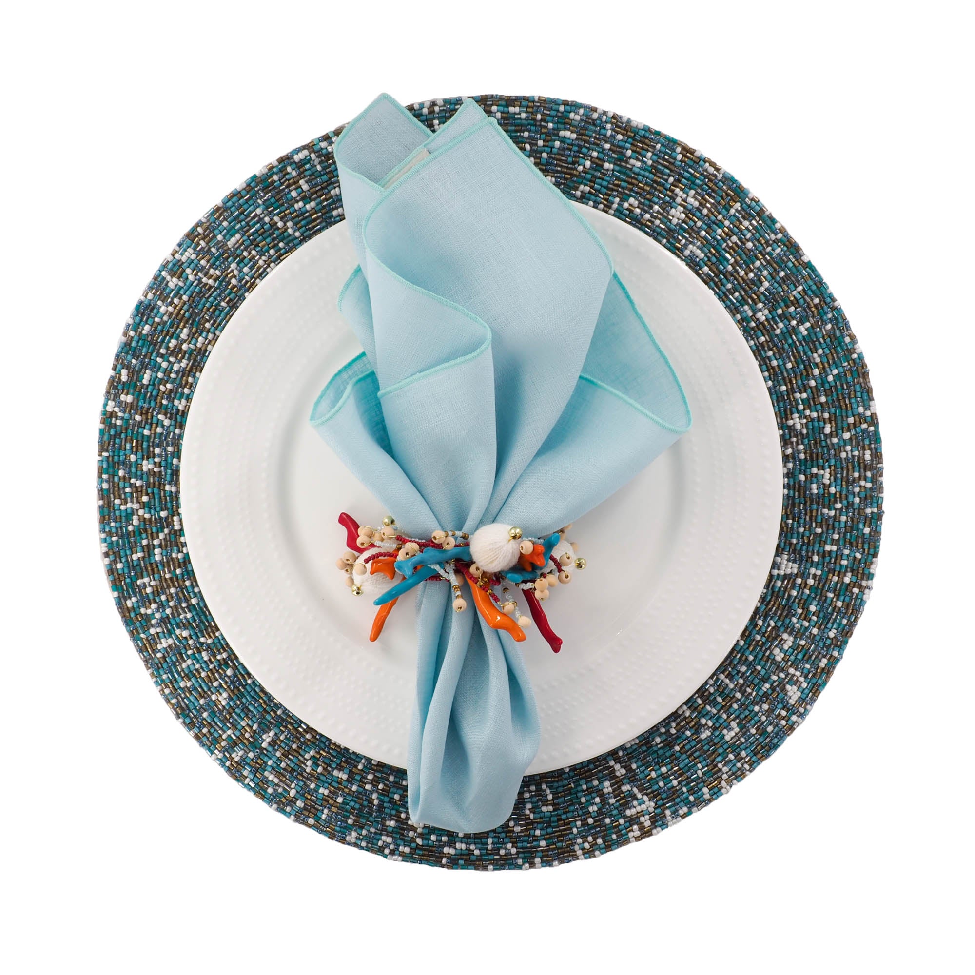 Set of two seaside glass beaded placemats in coastal blue and gold hues, luxury table decor by ChouChou Touch