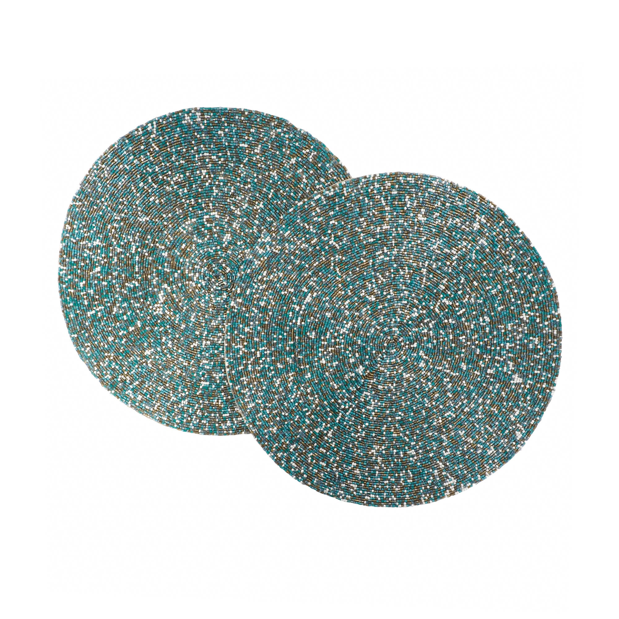 Set of two Round seaside glass ended placemat with coastal blue copper, and silver and white tones luxury table decor by ChouChou Touch