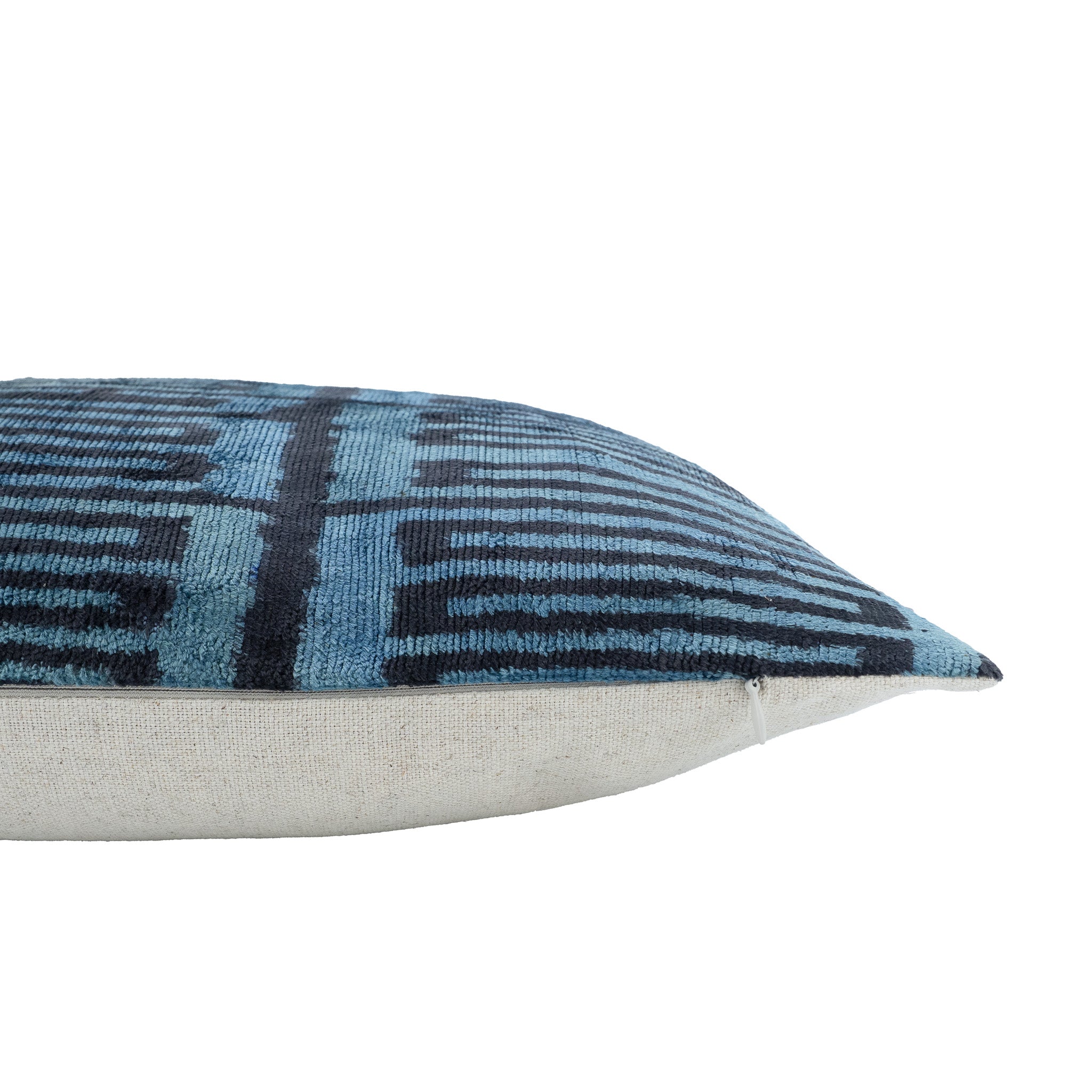 16x24 rectangular silk velvet pillow featuring a geometric maze-like design in blue tones.