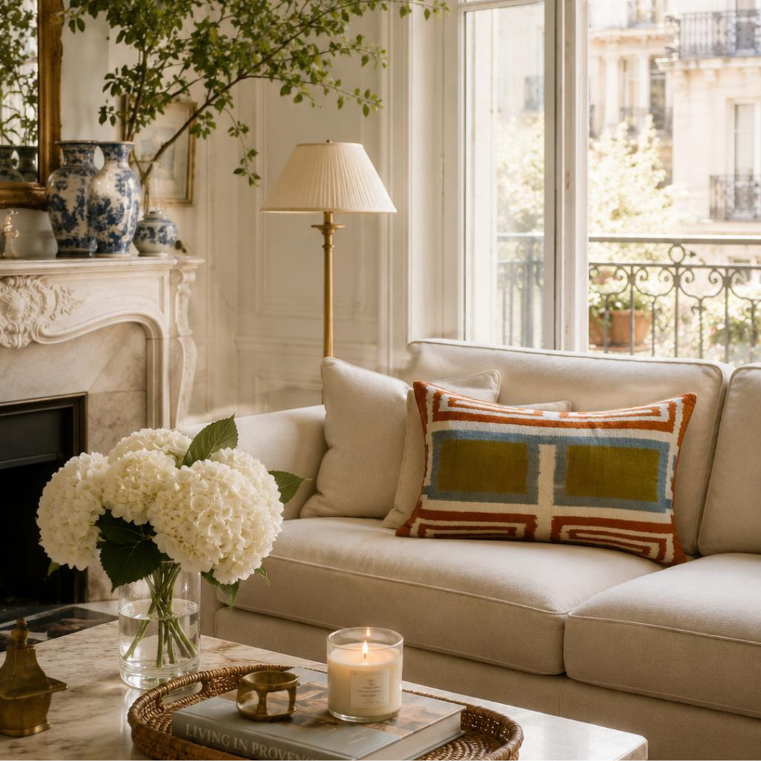 Luxury silk velvet ikat pillow styled in a sophisticated living room, showcasing olive green and rust geometric patterns for modern and eclectic interiors.