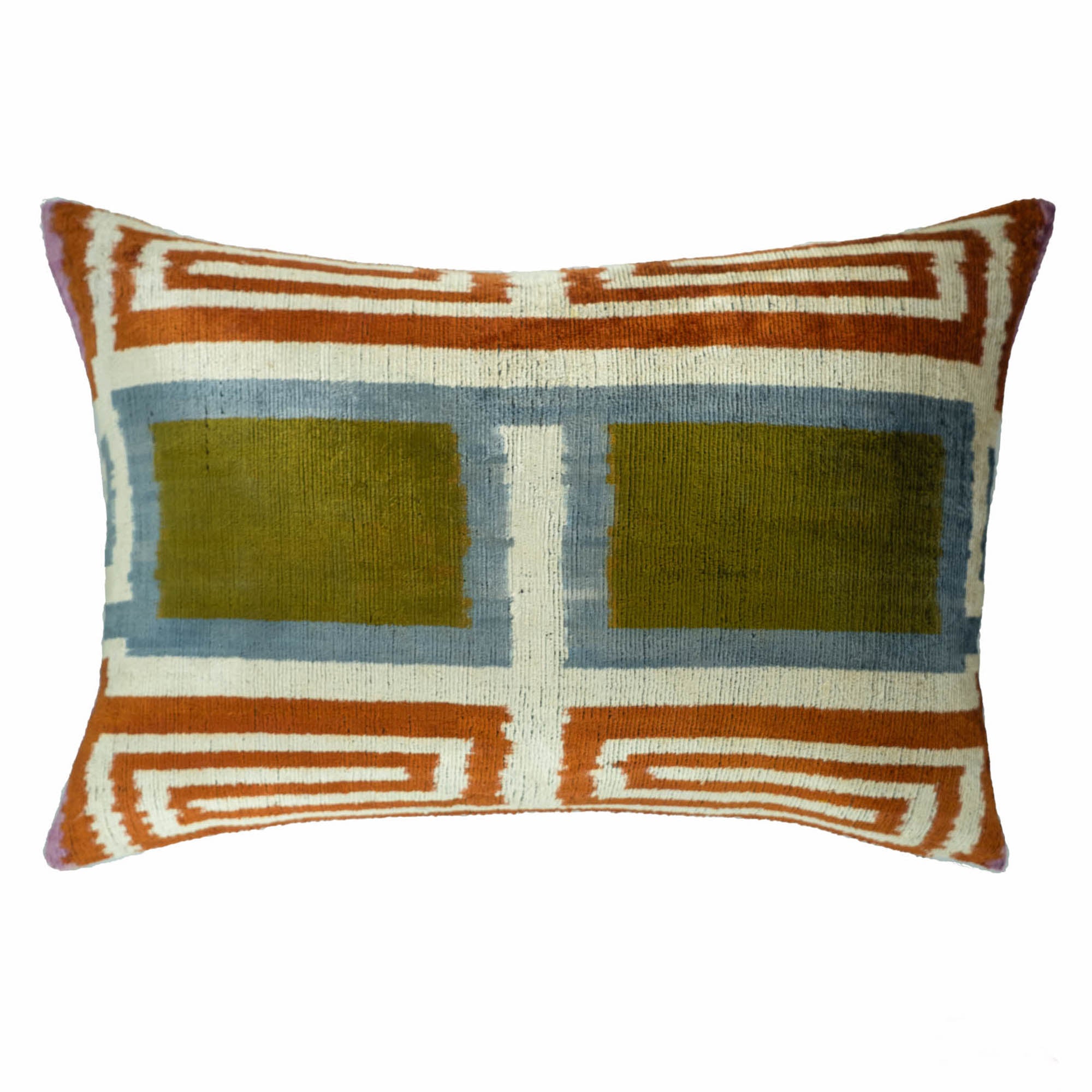 Handmade Soho Light silk velvet ikat pillow cover featuring geometric patterns in olive green, soft blue, and rust tones, luxury decorative accent pillow.