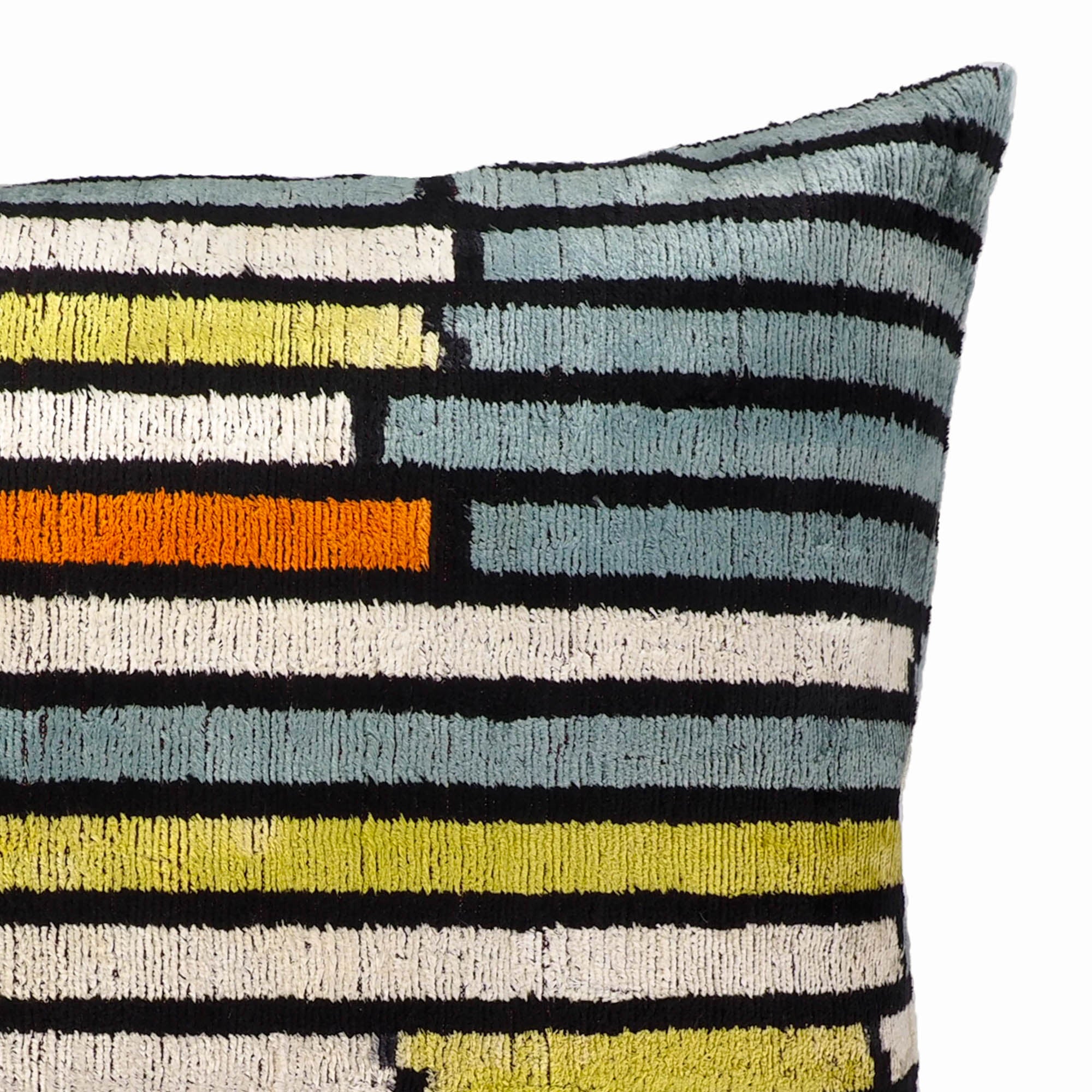 Striped Silk Velvet Ikat Throw Pillow Cover, 20 x 20, combining the beauty of handwoven Ikat stripes with luxurious silk velvet for a durable and stylish cushion.
