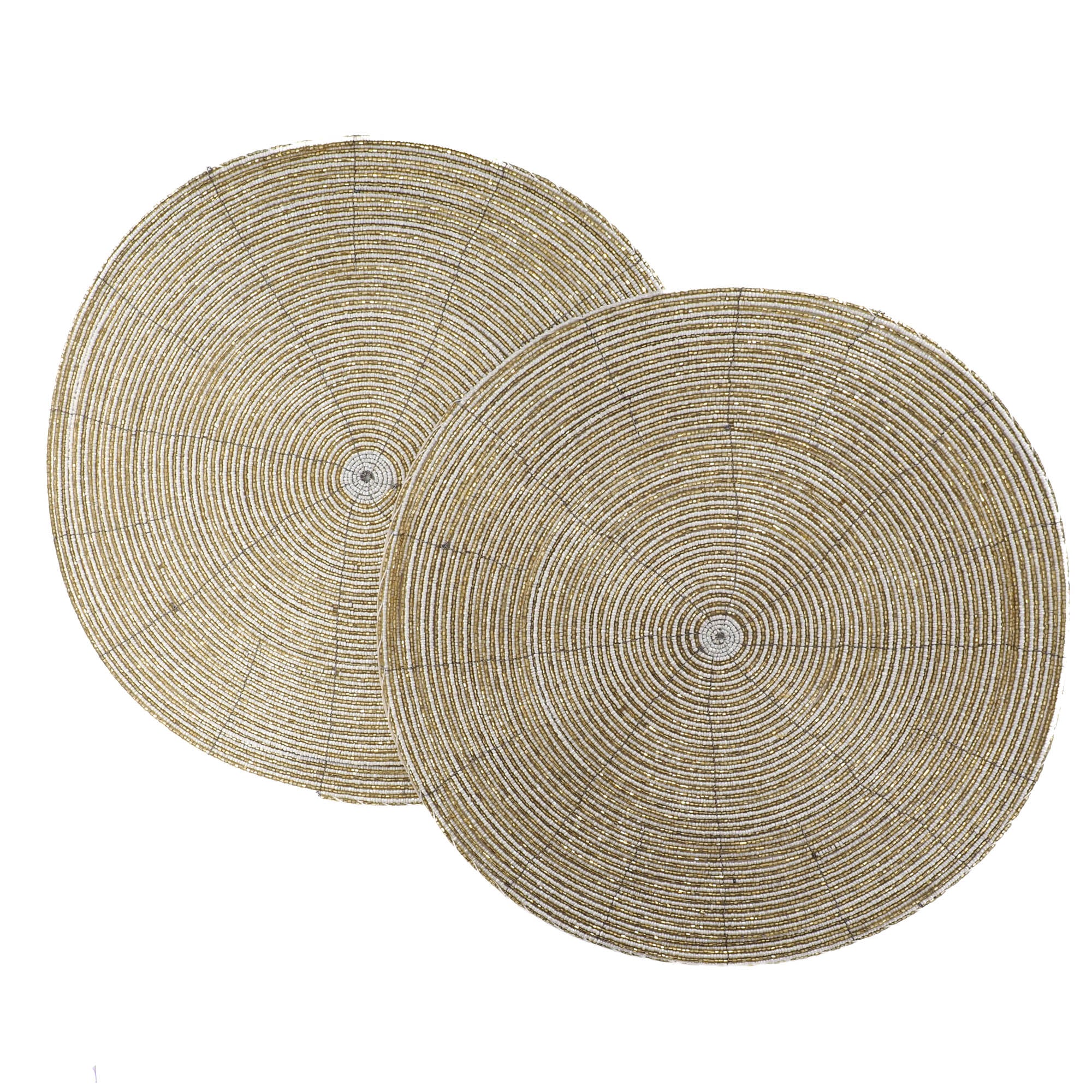 Set of two handcrafted gold and ivory glass beaded placemats on a white background byChouChou Touch