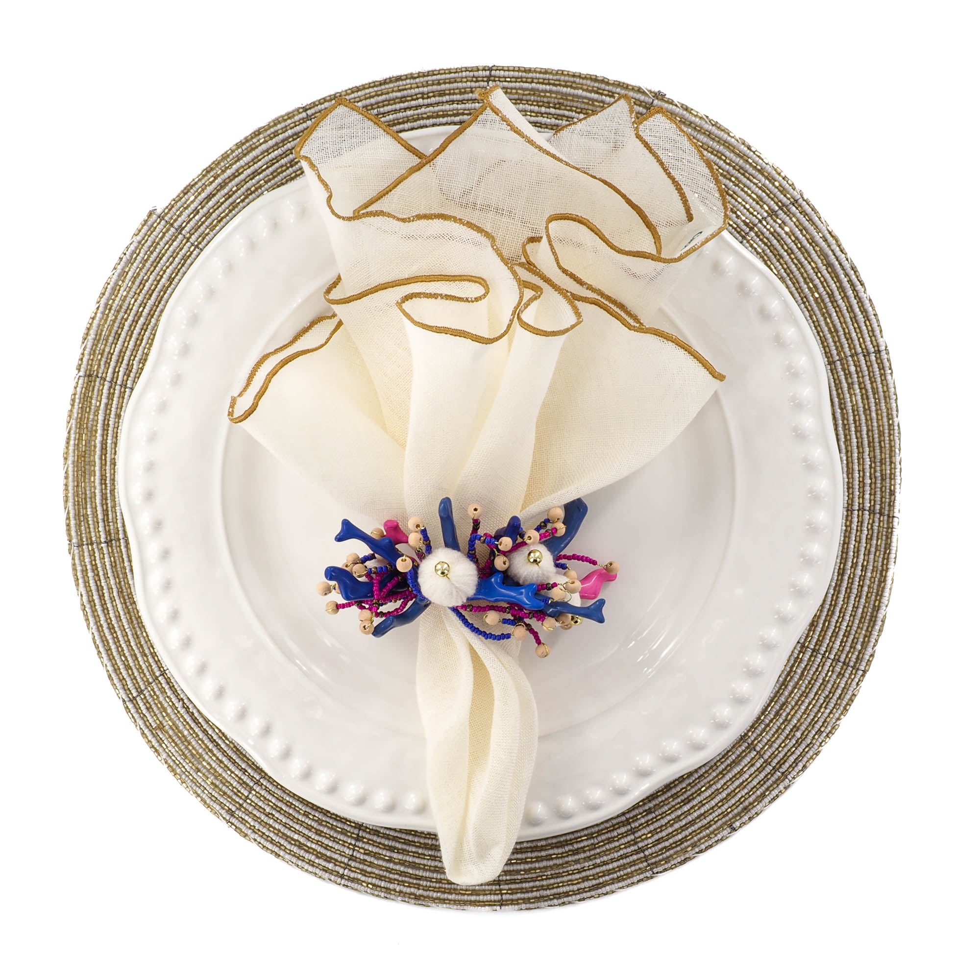Handmade gold and ivory glass beaded placemat with ivory napkin with ruffled edges by ChouChou Touch