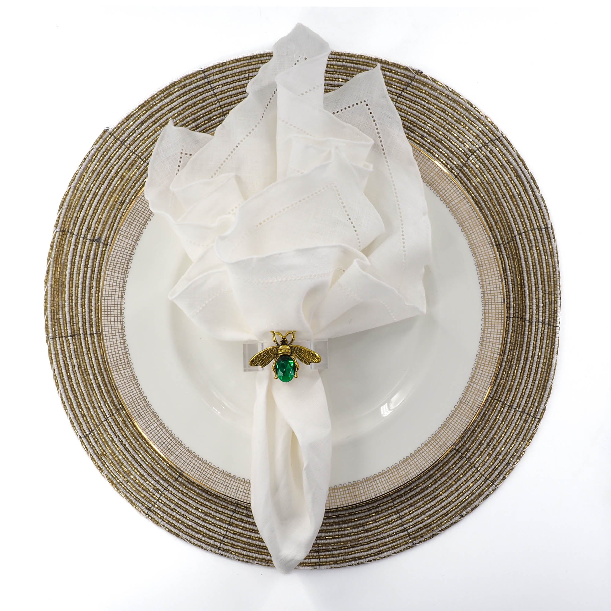 Luxury handmade gold and ivory glass beaded placemat, white linen napkin and bee napkin ring by ChouChou Touch
